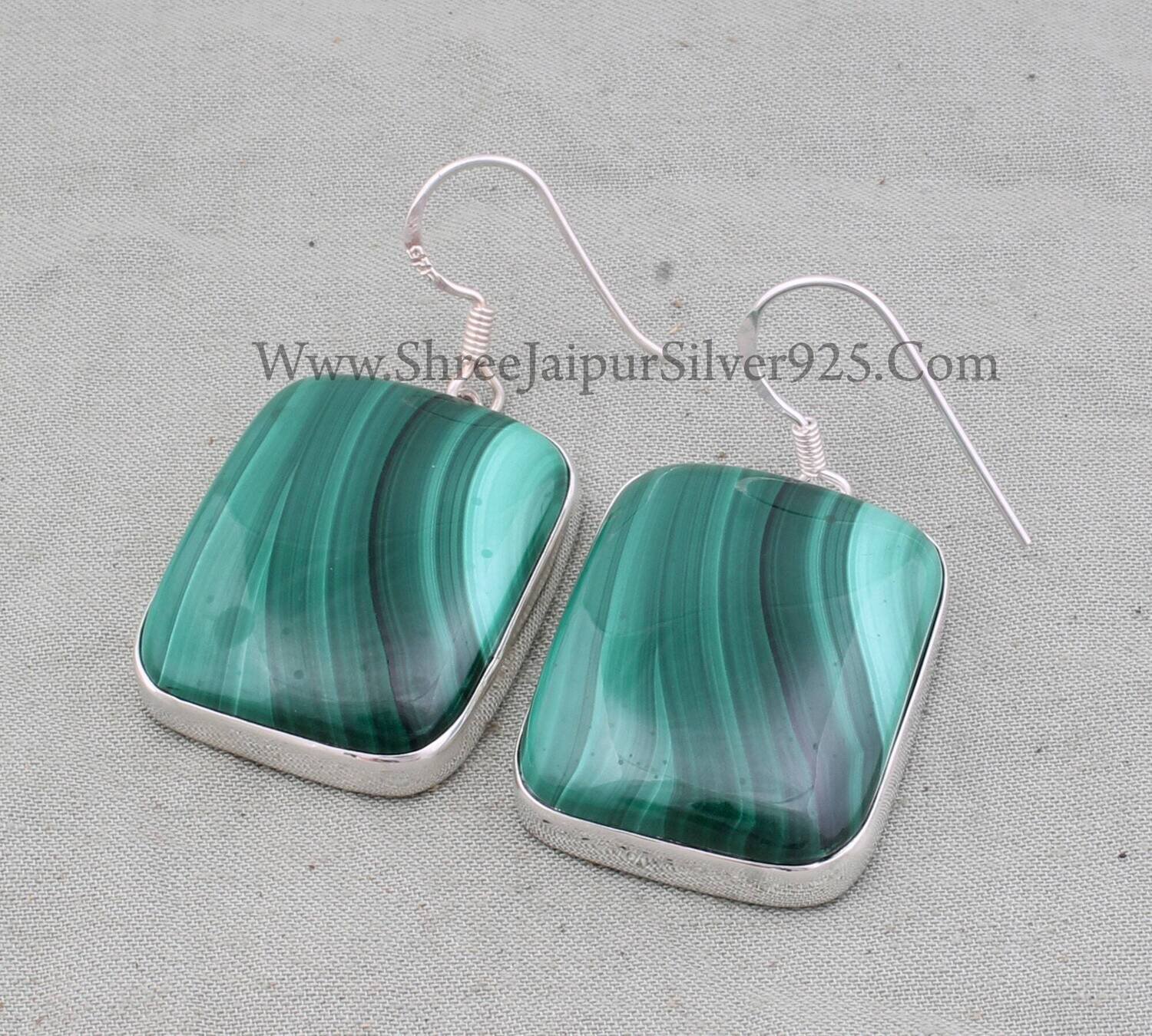 Natural Malachite Solid 925 Sterling Silver Gemstone Earrings, Handmade Malachite Cushion Big Stone Earrings Gifts For Wedding Anniversary