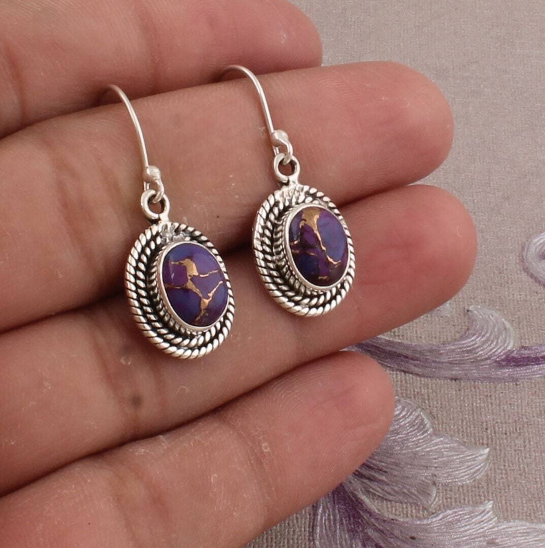 Purple Copper Turquoise Oval Gemstone Earrings, Sterling Silver Dangle Earrings, Handmade Gemstone Earrings, Bridal Earrings, Gift For Her