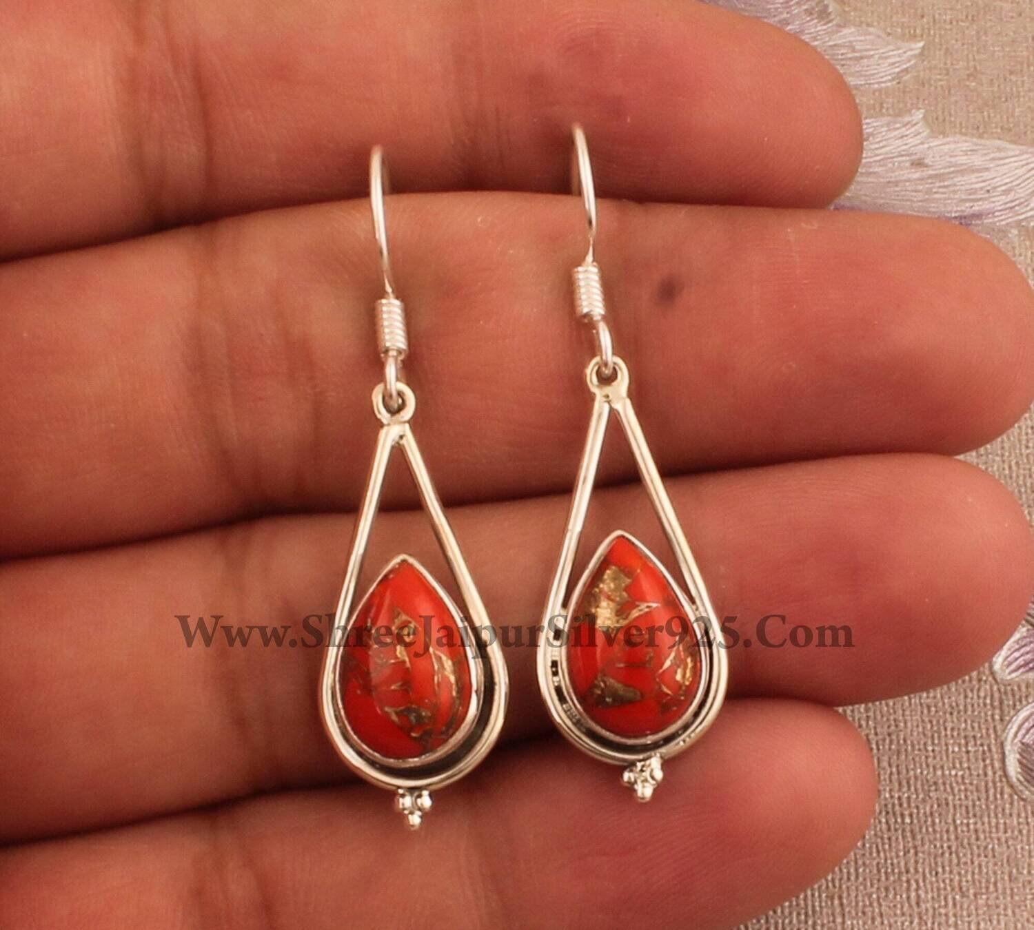 Orange Copper Turquoise Pear Stone Solid 925 Sterling Silver Earrings For Women, Handmade Silver Earrings For Wedding Anniversary Gift Idea