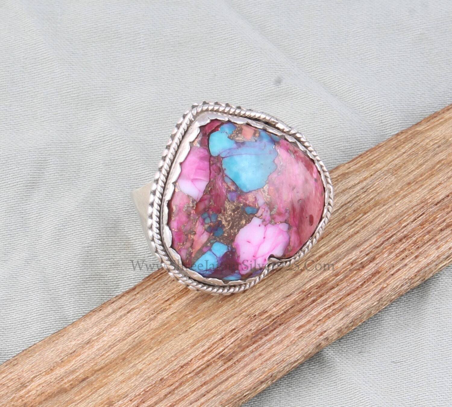 Oyster Heart Shape Gemstone Band Ring For Her, Oyster Copper Turquoise Solid 925 Sterling Stone Silver Ring For Women JewelryBirthstone