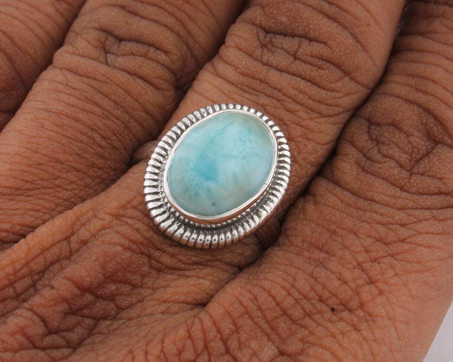 Natural Larimar 925 Sterling Silver Oval Shape Gemstone Ring, Designer Big Stone Ring, Handcrafted Gemstone Ring, Engagement Ring, Gift Idea