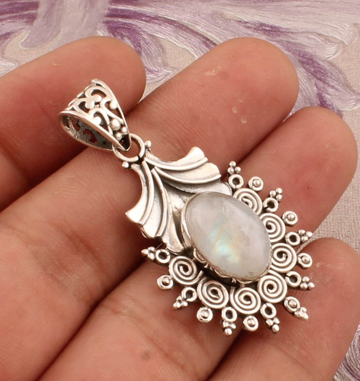 925 Sterling Silver Rainbow Moonstone Oval Shape Necklace Pendant, Designer Spiral Silver Pendant, Handmade Moonstone Pendant, Women Jewelry