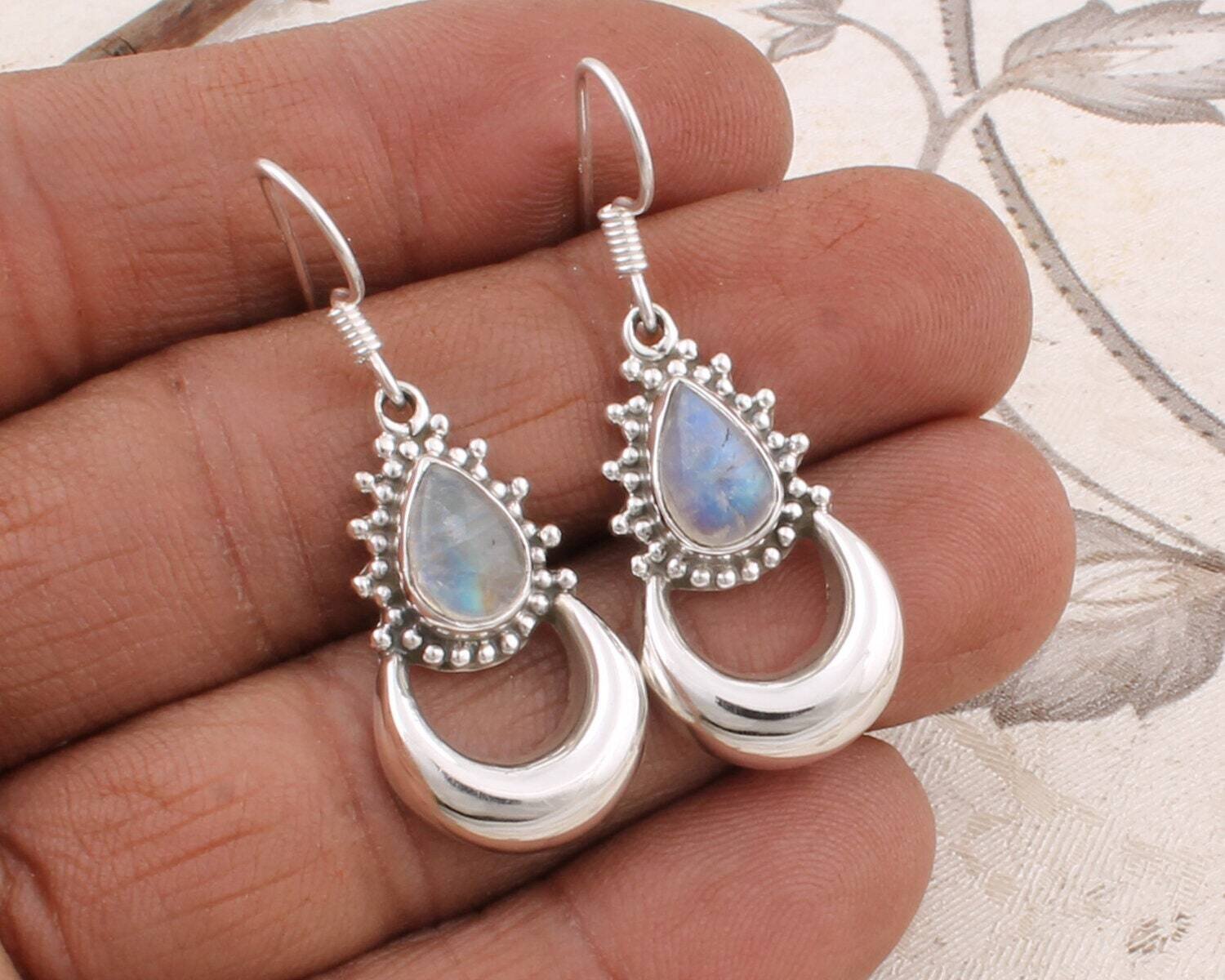 Rainbow Moonstone Silver Jewelry, 925 Solid Silver Pear Shape Stone Earrings, Designer Handmade Gemstone Earrings, Women Jewelry, Gift Idea