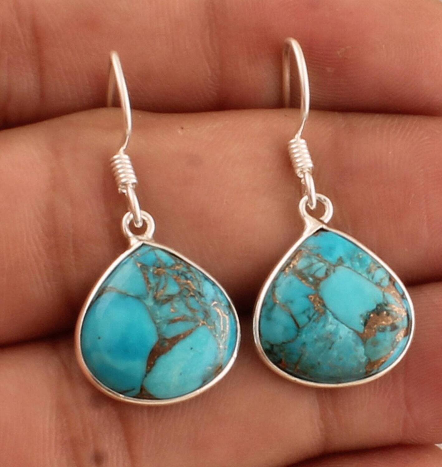 925 Sterling Silver Copper Turquoise Heart Shape Gemstone Earrings, Designer Bezel Set Silver Earrings, Handcrafted Earrings, Gift For Her