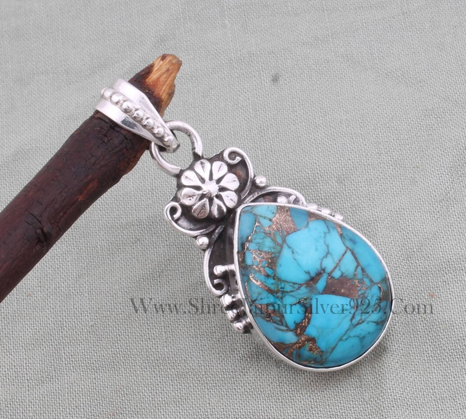 Blue Copper Turquoise Pendant, 925 Sterling Silver Pendant, Designer Flower Pendant, Turquoise Pear Pendant, Handmade Pendant,Christmas Gift