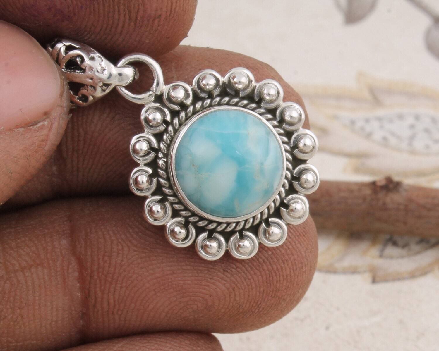 Natural Larimar Pendant 925 Sterling Silver Pendant For Women Blue Round Handmade Gemstone Boho Silver Jewelry Celtic Art Deco Birthday Gift