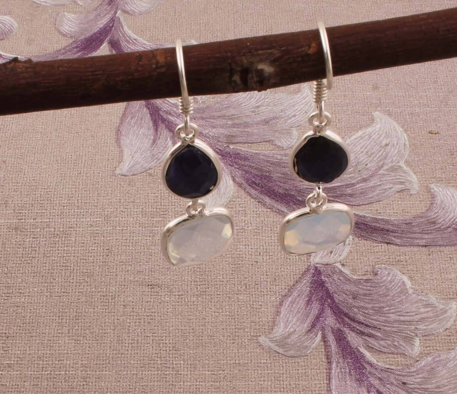 Combo Gemstone Earring Blue Safayar+Moonstone Gemstone Earring 925-Sterling Silver Earring Big Size Two Stone Earring Long Gift Earring