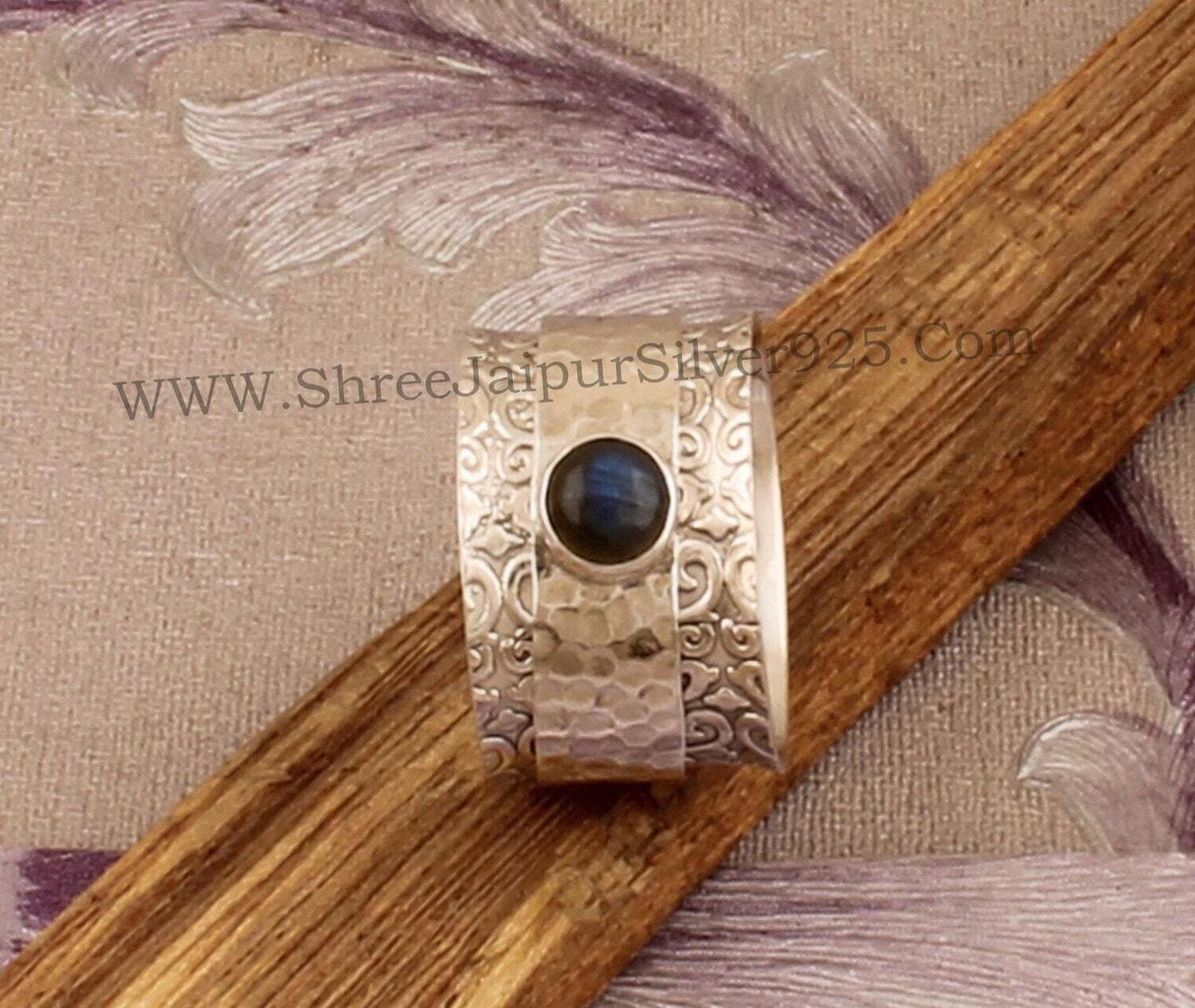 Natural Labradorite Engraved Band Solid 925 Sterling Silver Spinner Ring For Women, Handmade Hammered Band Ring, Boho Worry Anxiety Ring