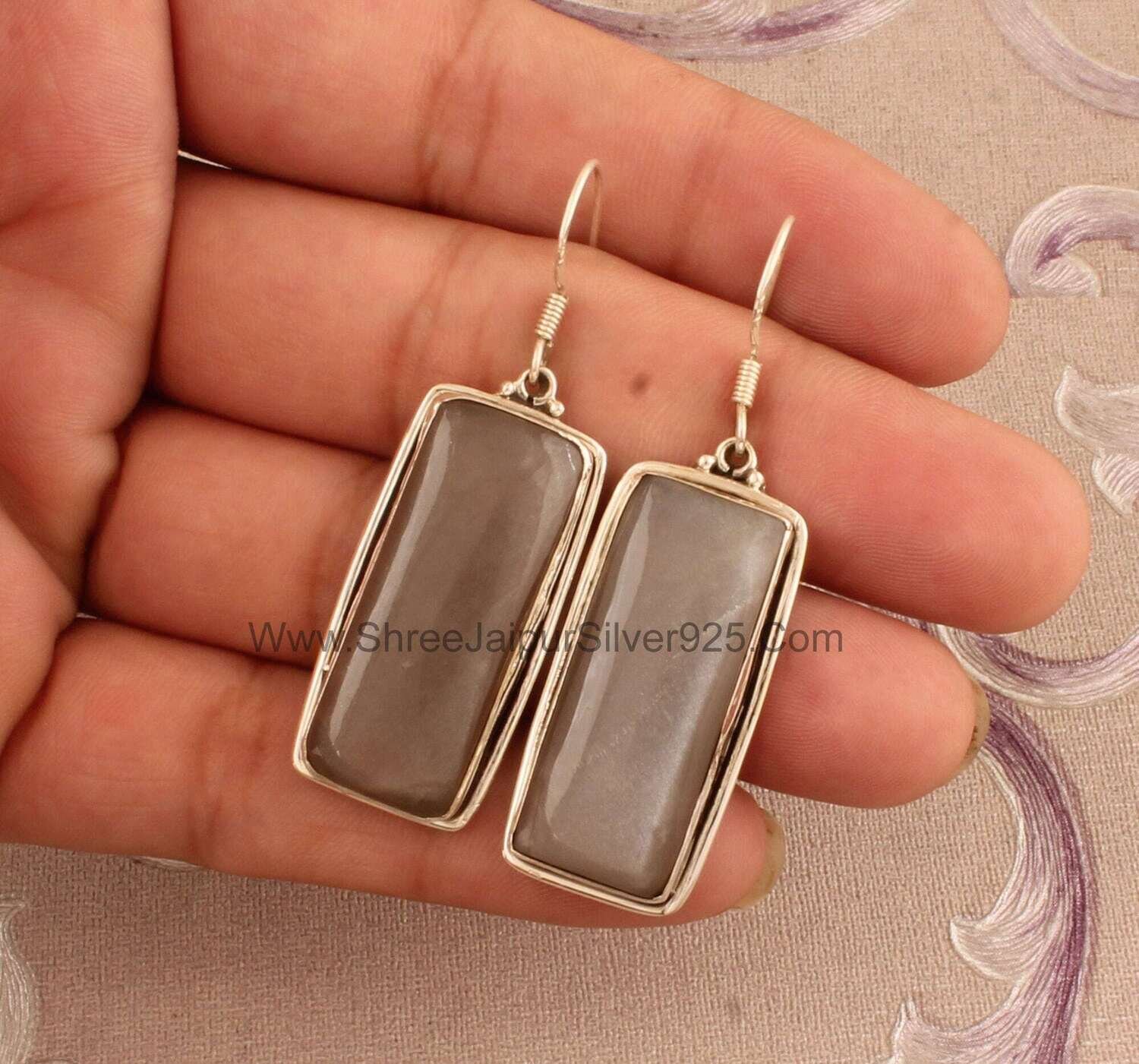 Natural Gray Moonstone Bar Stone Solid 925 Sterling Silver Earrings For Women Handmade Bar Silver Earrings For Wedding Anniversary Gift Idea