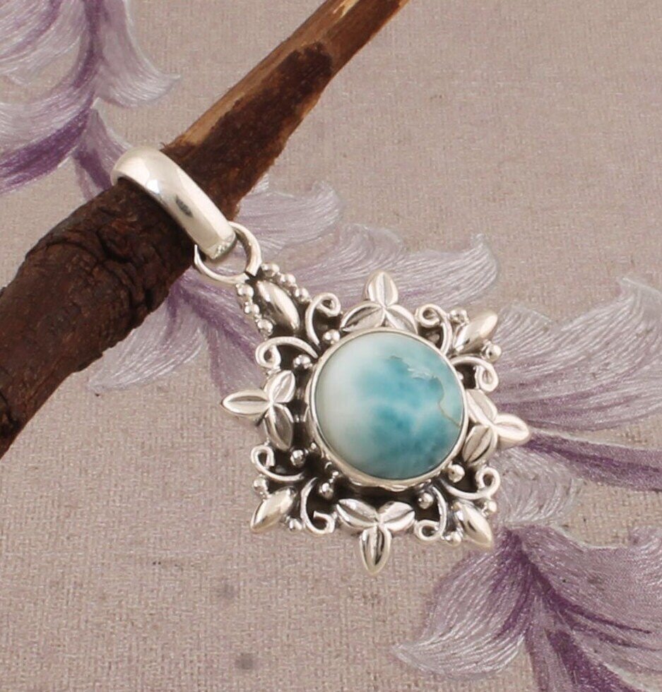 Larimar Pendant 925 Sterling Silver Pendant For Women  Blue Round Gemstone Handmade Silver Jewelry Bridal Wedding Pendant Sister Gift