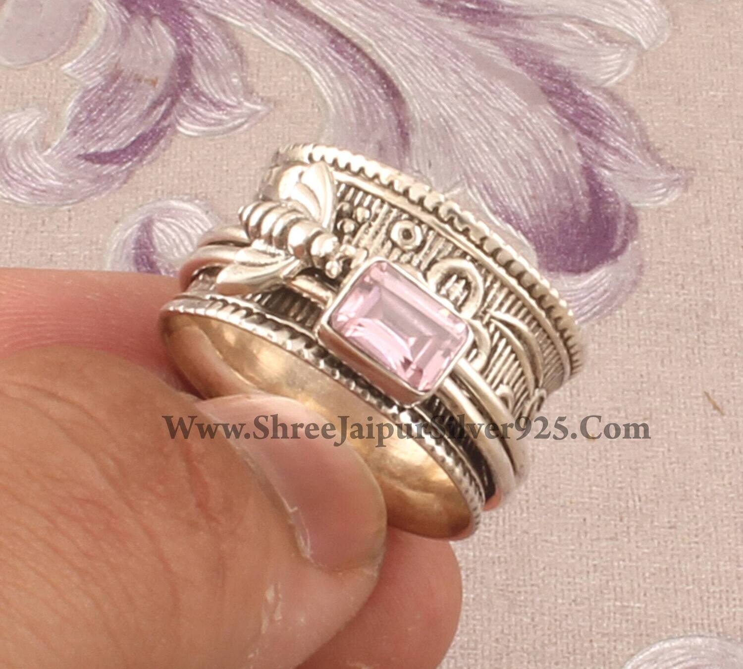 Pink Cubic Zirconia Solid 925 Sterling Silver Spinner Ring For Women, Handmade Silver Honey Bee Amethyst Zircon Ring For Wedding Anniversary