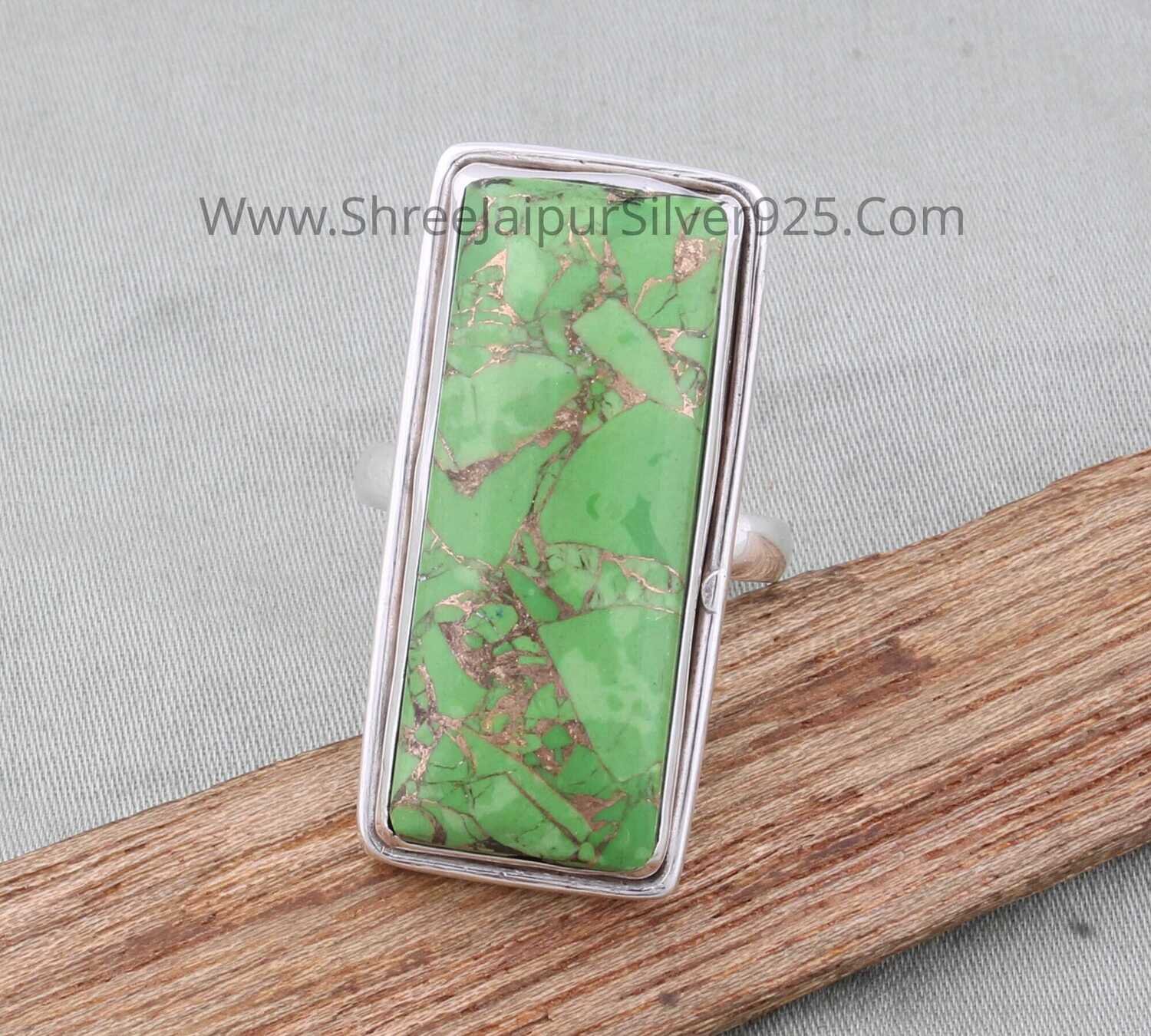 925 Sterling Silver Green Copper Turquoise Silver Ring, Rectangle Stone Silver Ring, Handmade Boho Rings, Index Finger Rings For Women Gift