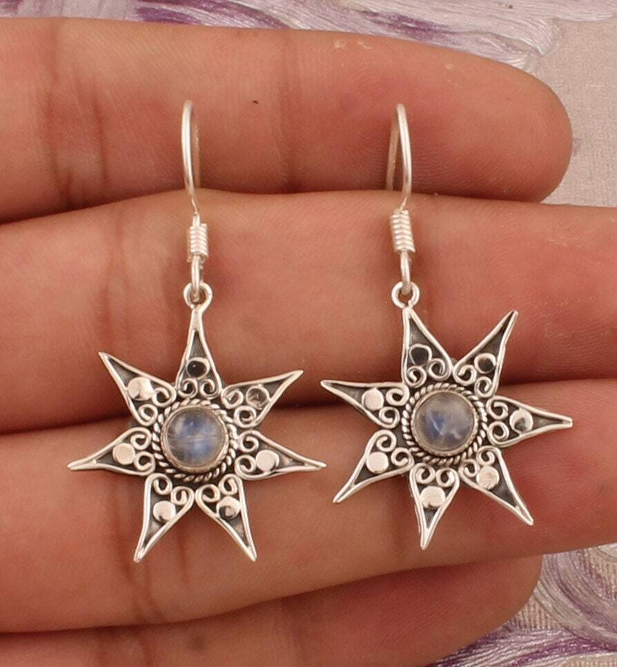 925 Sterling Silver Rainbow Moonstone &amp; Amethyst Round Shape Gemstone Earrings, Designer Sun Silver Earrings, Handcrafted Earring, Gift Idea