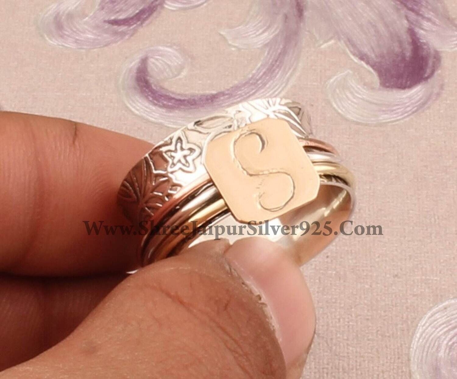 925 Sterling Silver & Brass S Letter Spinner Ring, Handmade Three Tone Designer Carved Band Spinner Ring, Valentine's Day Gift Idea Jewelry.