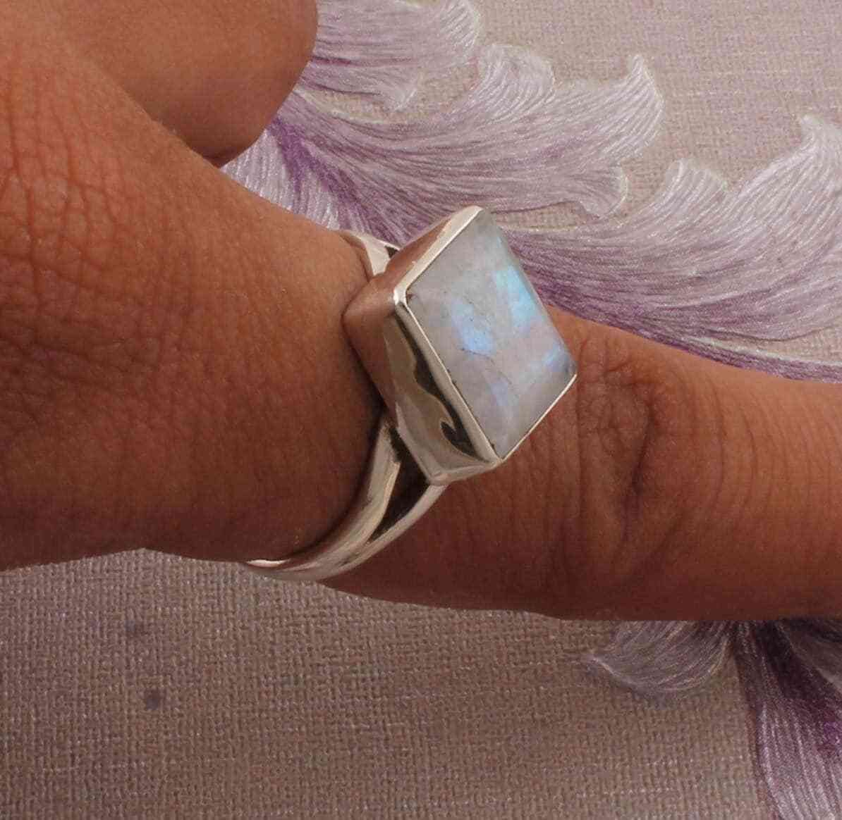 Rainbow Moonstone Gemstone Ring,Cut Blue Fire Square Shape Stone Ring 925-Sterling Silver Ring,Index Finger Ring GiftCyber2021
