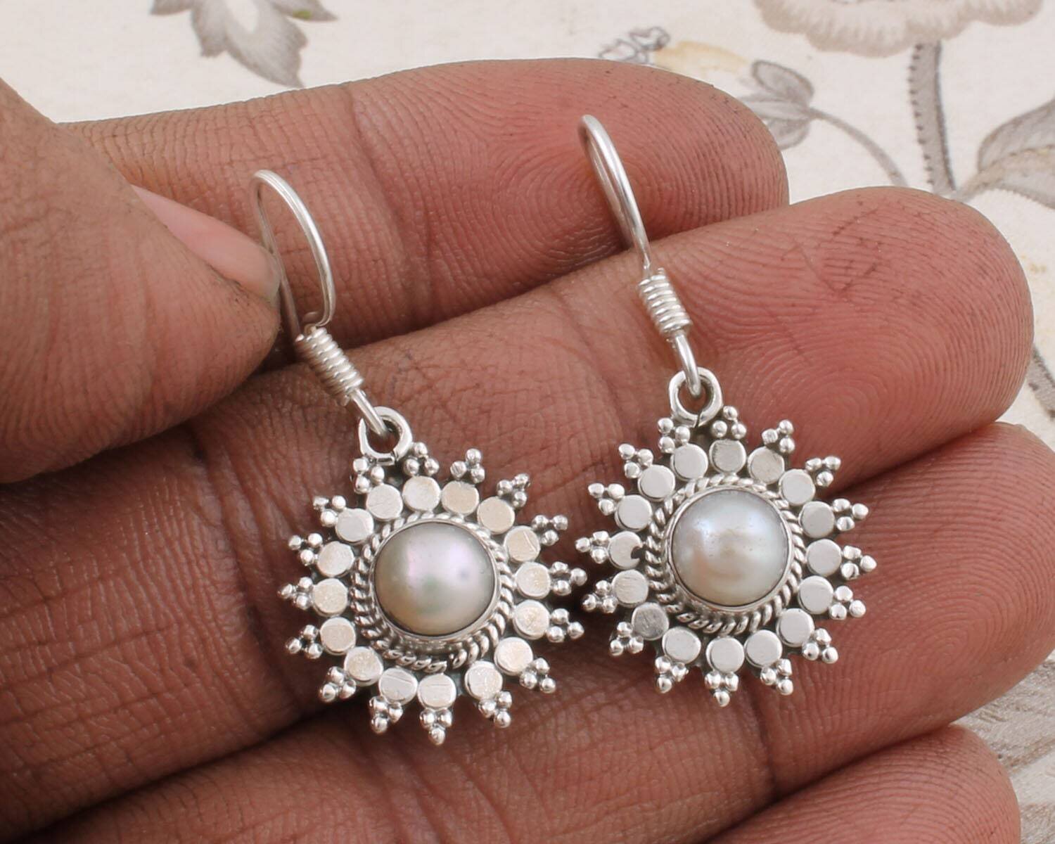 Pearl Gemstone Earring Handcrafted Boho Earring 925-Antique Silver Earring,Sterling Silver Earring Etsy Cyber Valentine's Day GiftCyber2021
