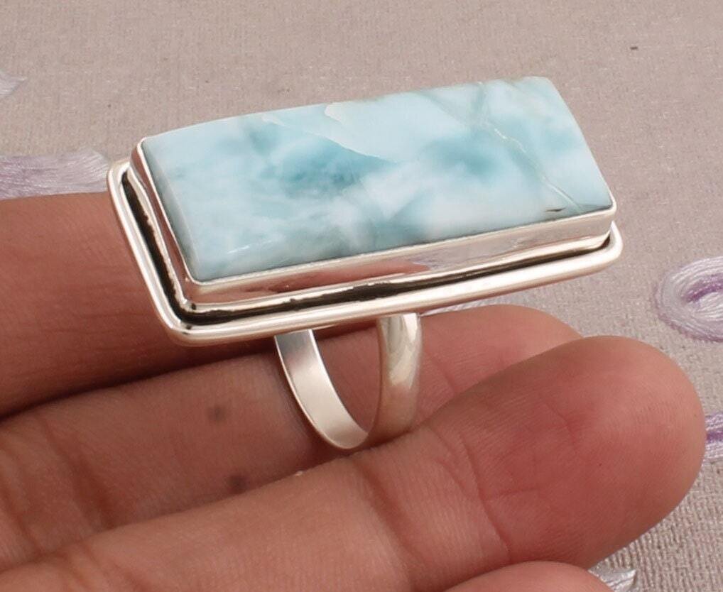Designer Larimar Rectangle Shape Gemstone Ring, 925 Sterling Silver Big Stone Ring, Engagement Ring, Handmade Gemstone Ring, Christmas Gift