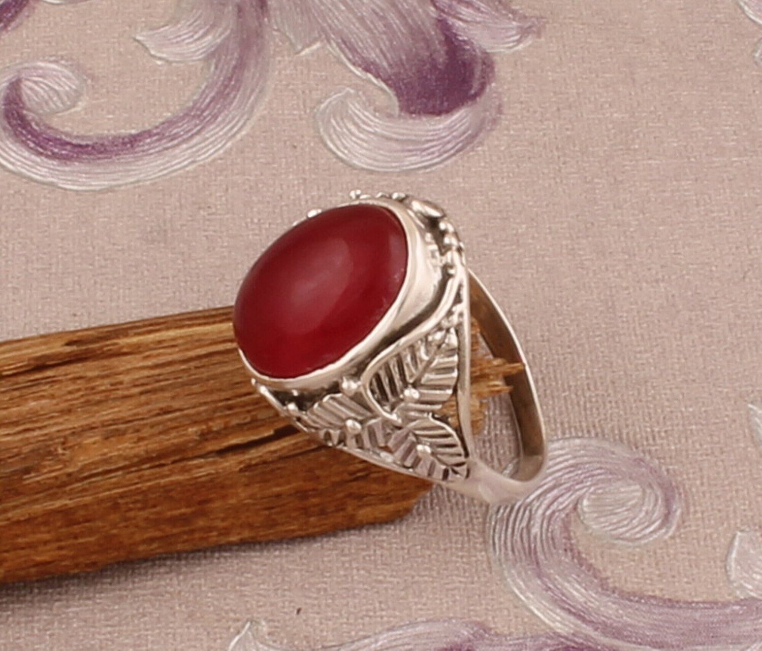 925 Sterling Silver Ruby Jade Oval Gemstone Ring, Handmade Gemstone Carved Silver Leaves Ring, Valentine's Day Gift For Her, Etsy Cyber 2021