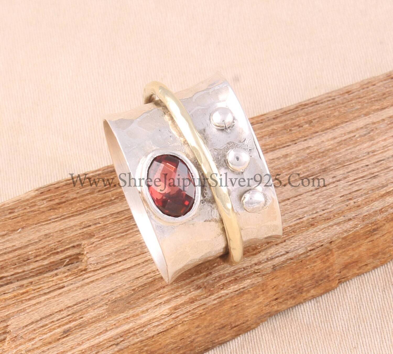 Garnet Solid 925 Sterling Silver Spinner Ring For Women, Handmade Hammered Band Two Tone Anxiety Fidget Ring Gifts For AnniversaryBirthstone