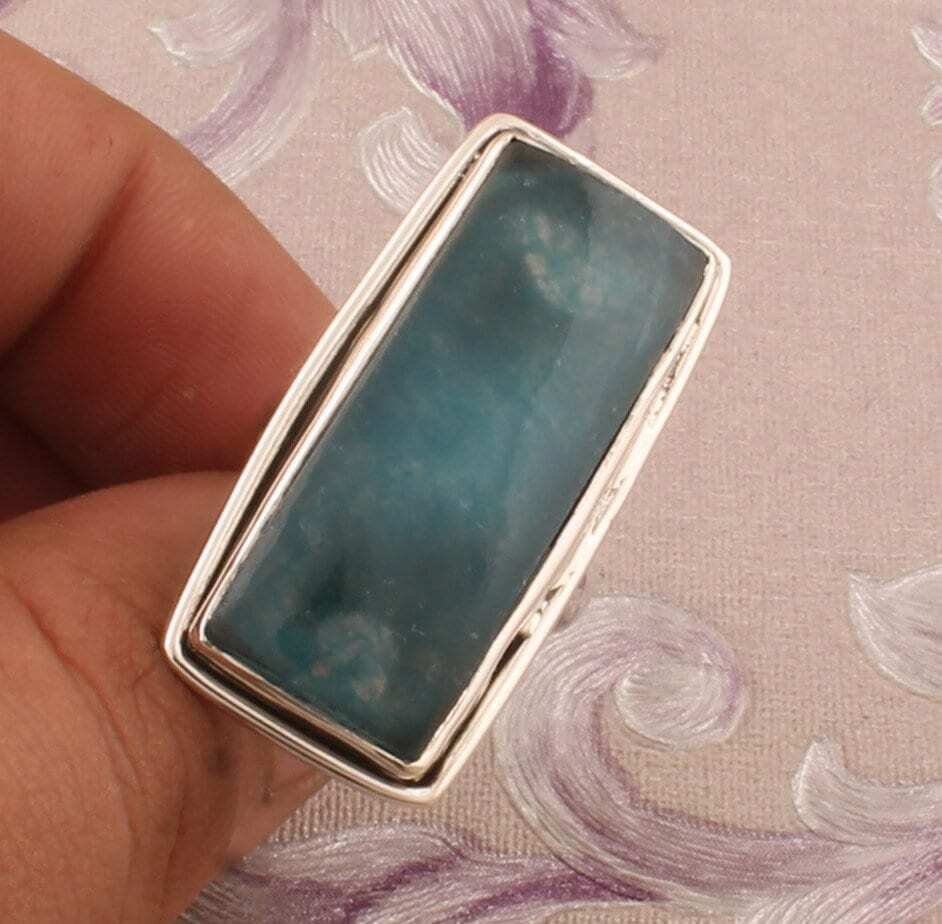 Aqua Calci Ring, 925 Sterling Silver Ring, Bar Jade Ring, Rectangle Shape Ring, Designer Handmade Ring, Engagement Ring, Gift For Her
