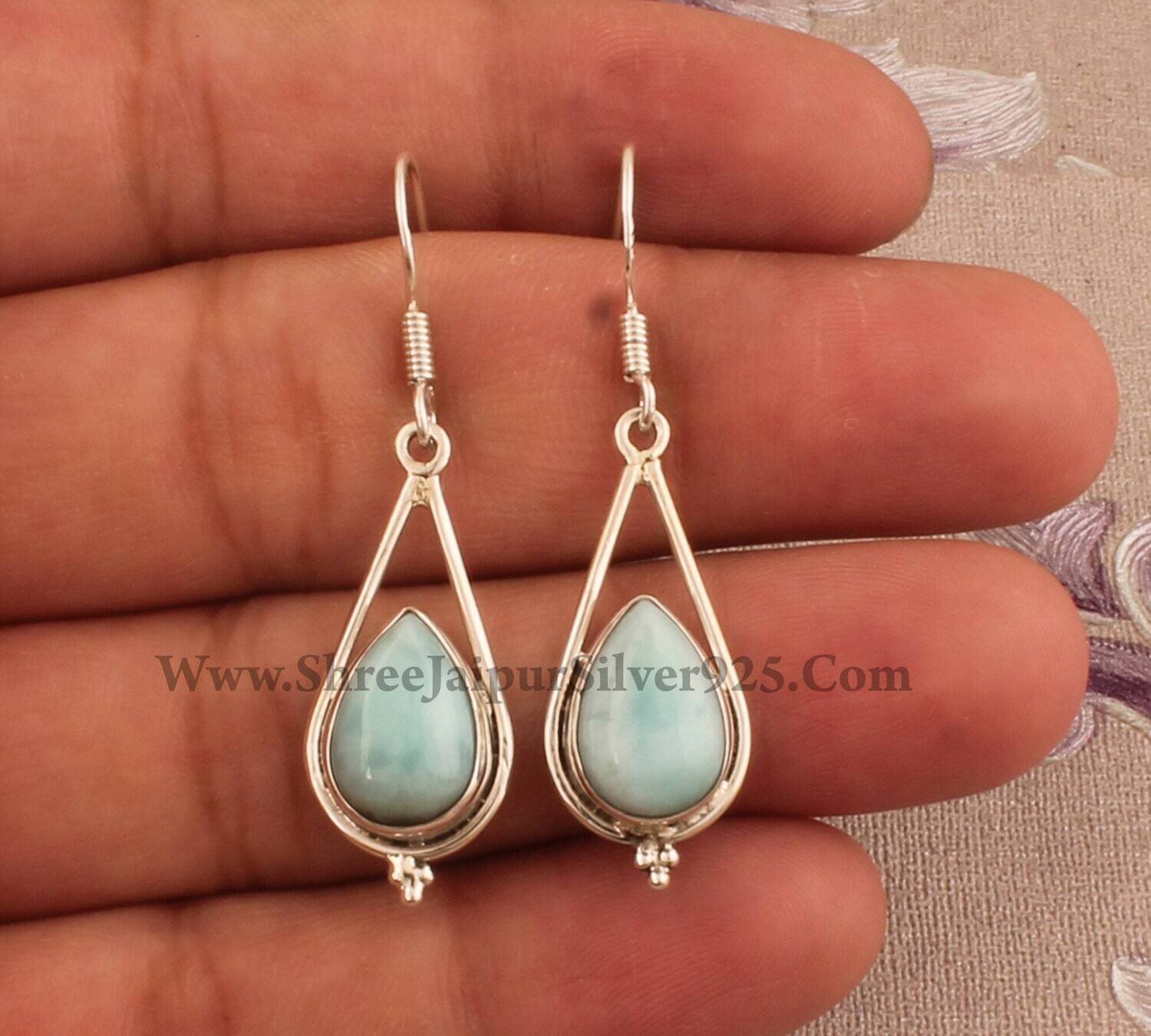 Larimar Pear Stone Solid 925 Sterling Silver Earrings For Women, Handmade Boho Silver Larimar Earrings For Wedding Anniversary Gift