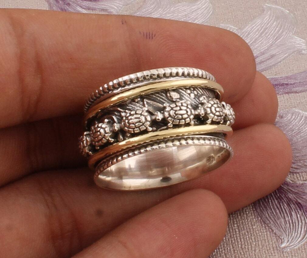 Big Size 925 Sterling Silver Ring (SPINNER RING) Two Tone Ring Brass+Silver Spinner Ring,Band Ring,Thumb Ring,Cyber2021Bestseller2021Etsy