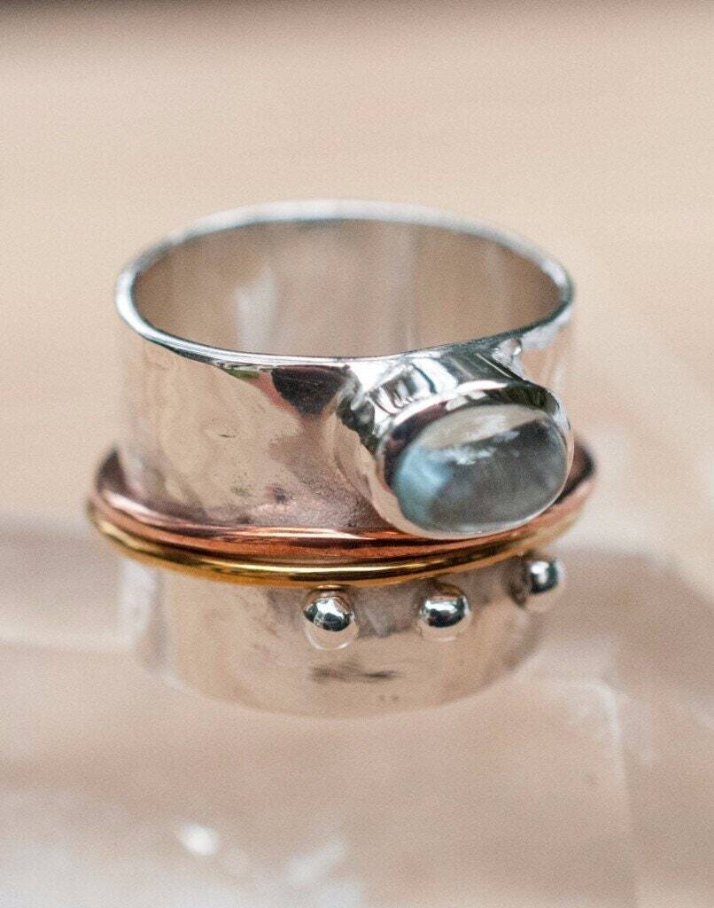 Gift For You ! Solid 925-Silver Sterling Ring With Natural Aquamarine Gemstone Handcrafted Ring Cabochon Stone Boho Ring Thumb Ring Boho