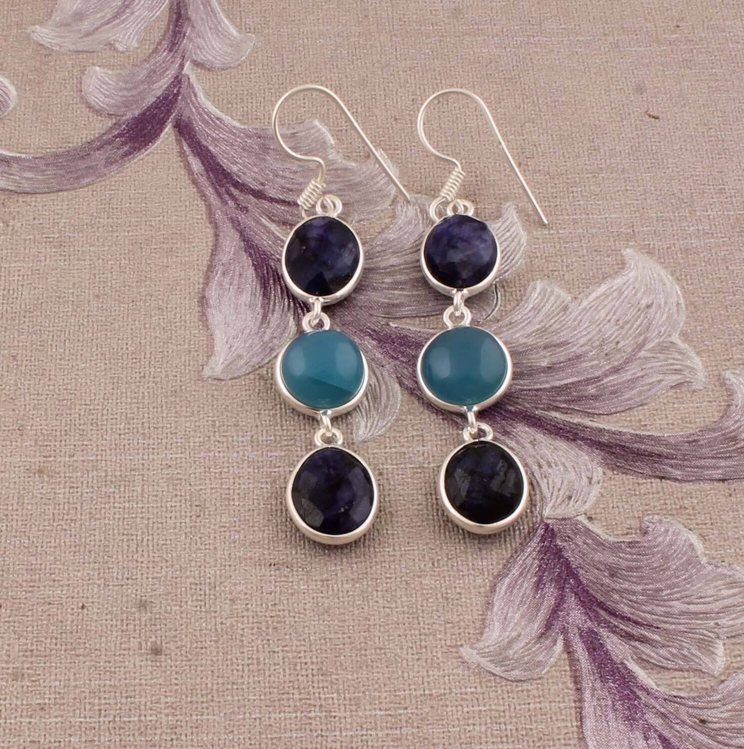 Combo Gemstone Earring Blue Safayar+Blue Jade Stone Earring 925-Sterling Solid Silver Earring,Three Stone Earring Long EarringCyber2021