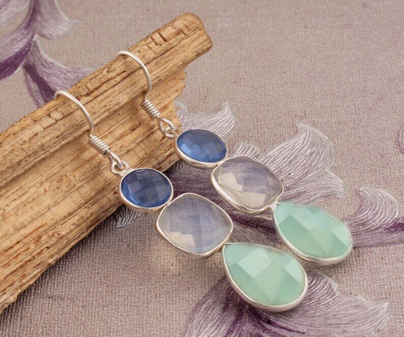 Combo Gemstone Earring Aqua Chalcedony+Moonstone+Blue Glass Stone Earring 925-Sterling Solid Silver Earring,Three Stone Earring Long Earring