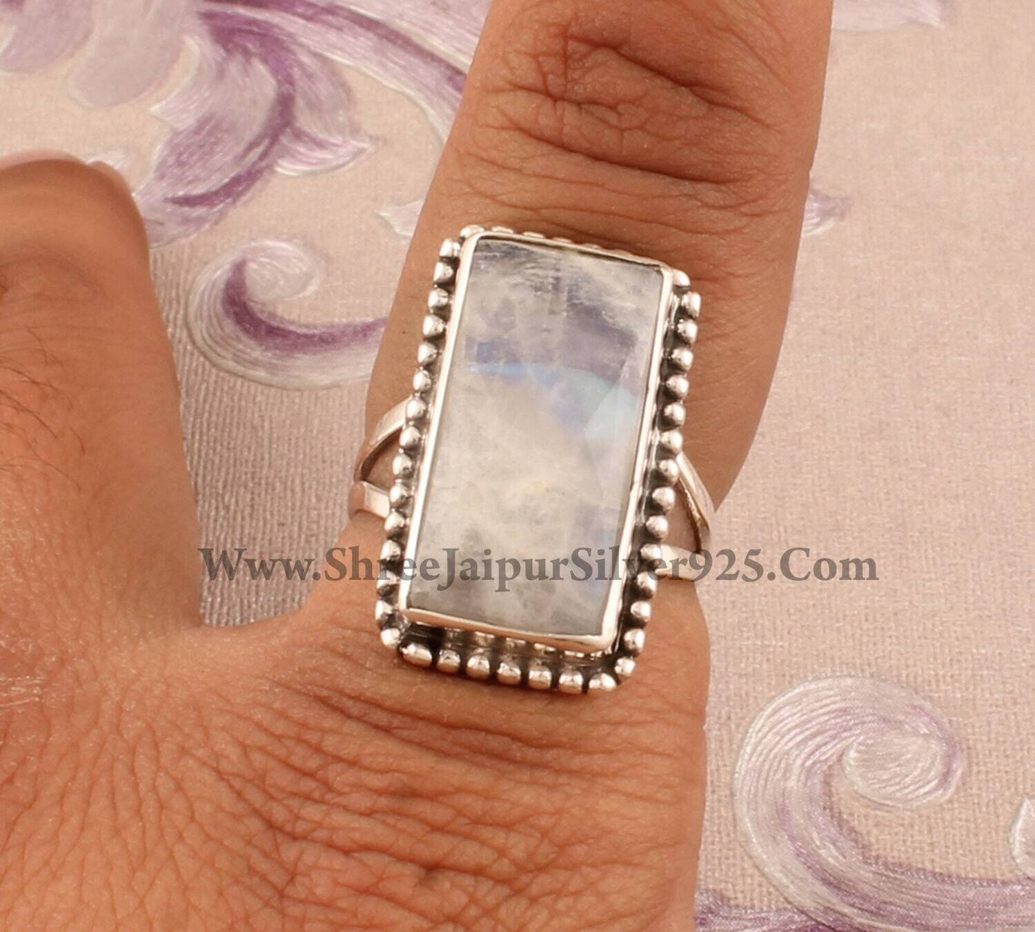 Natural Rainbow Moonstone Solid 925 Sterling Silver Ring For Women, Handmade Rectangle Bar Moonstone Ring For Her, Wedding Engagement Ring