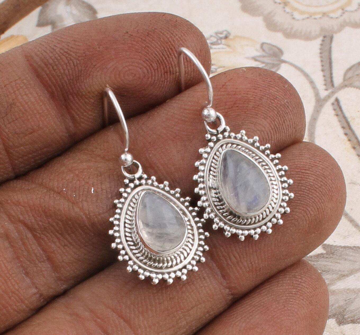 Natural Amazing Rainbow Moon AAA+Quality Gemstone Earring Cabochon Stone Boho Earring 925-Sterling Solid Silver Earring HandmadeCyber2021