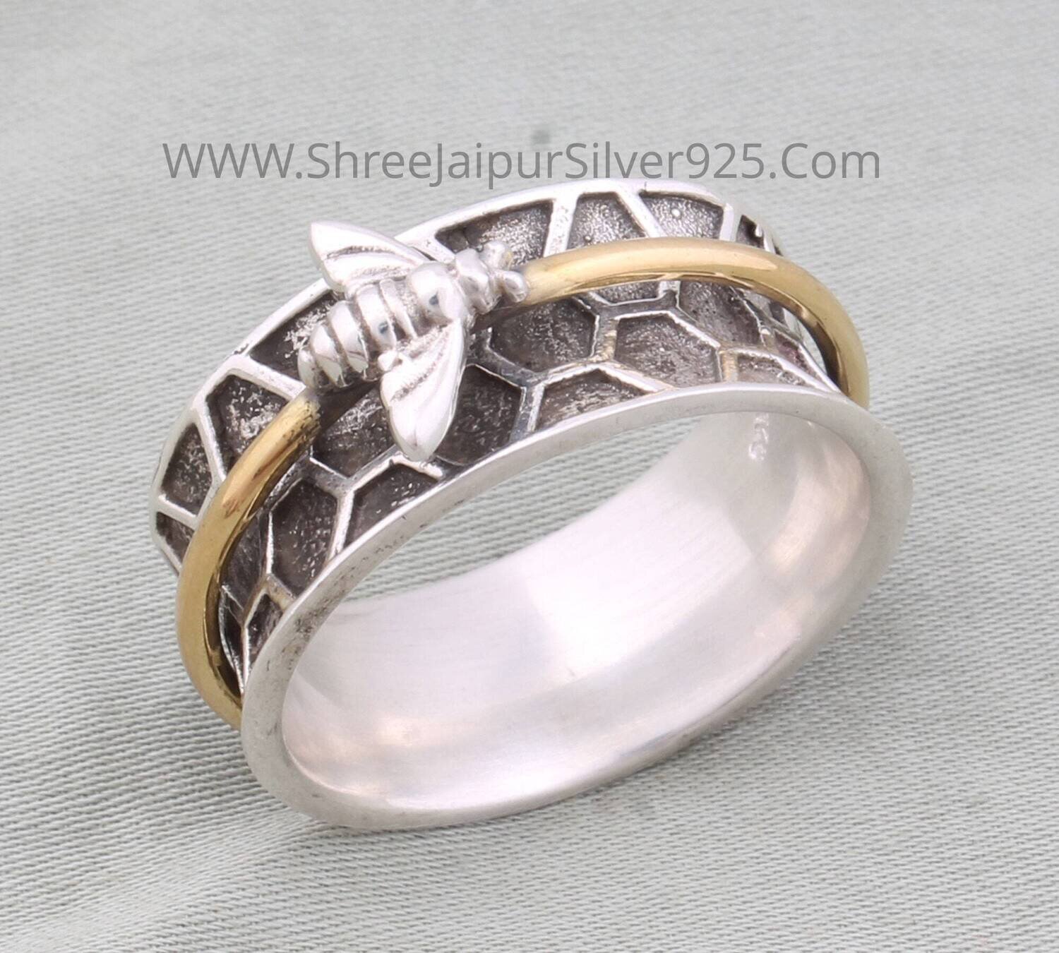 Honey Bee With Nest Solid 925 Sterling Silver Oxidized Textured Band Spinner Ring For Women, Handmade Engraved Two Tone Anxiety Ring For Her