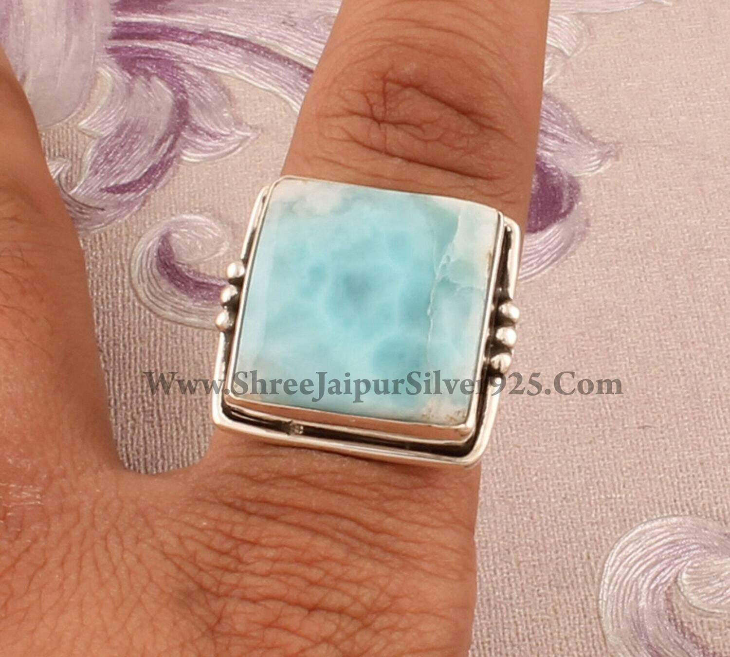Natural Larimar Square Gemstone 925 Sterling Silver Ring For Women, Larimar Solid Silver Ring For Her, Handmade Gemstone Ring For Gift Idea