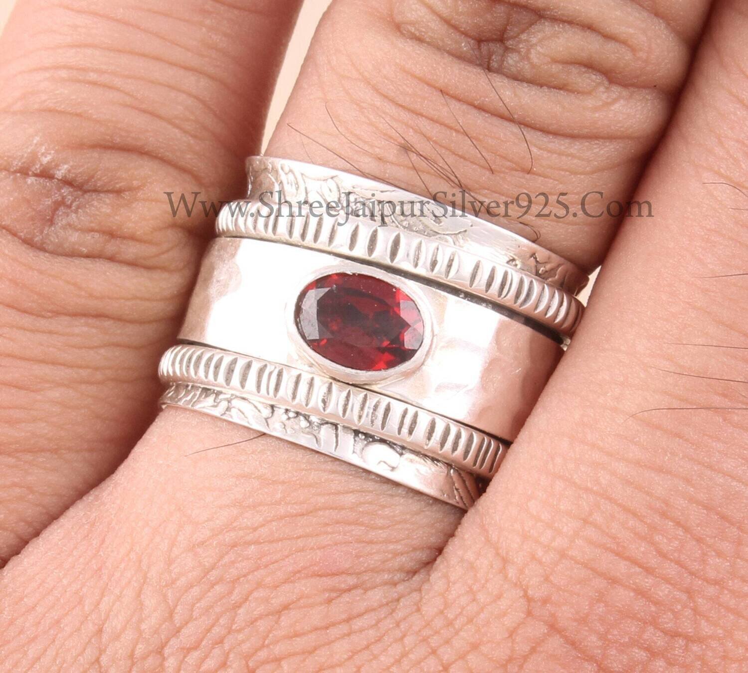 Natural Garnet Oval Cut Band Solid 925 Sterling Silver Spinner Ring For Women, Handmade Hammered Band Anxiety Fidget Ring Anniversary Gifts