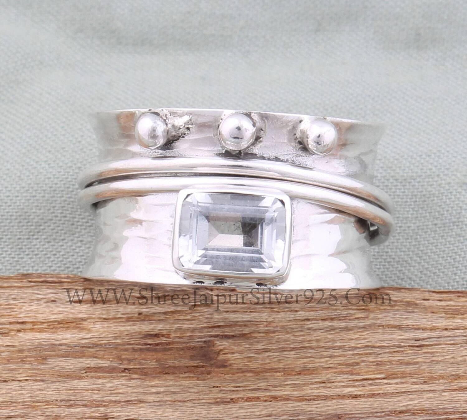 Natural Crystal Quartz Solid 925 Sterling Silver Spinner Ring For Women, Handmade Rectangle Meditation Wedding Ring Boho Worry Anxiety Ring
