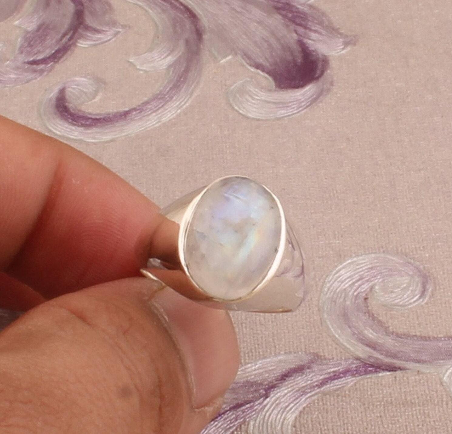Rainbow Moonstone &amp; Green Jade Designer Silver Ring, 925 Sterling Silver Oval Shape Gemstones Ring, Handcrafted Gemstone Ring, Gift Idea