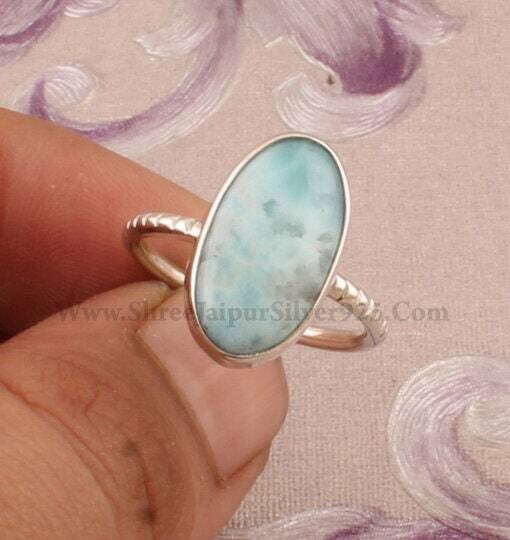 925 Sterling Silver Natural Larimar Long Oval Shape Gemstone Ring Birthstone