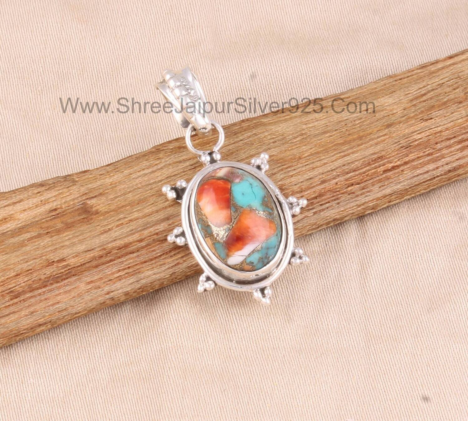 Oyster Copper Turquoise Solid 925 Sterling Silver Necklace Pendant For Women, Handmade Oval Stone Pendant For Wedding Anniversary Gift Idea