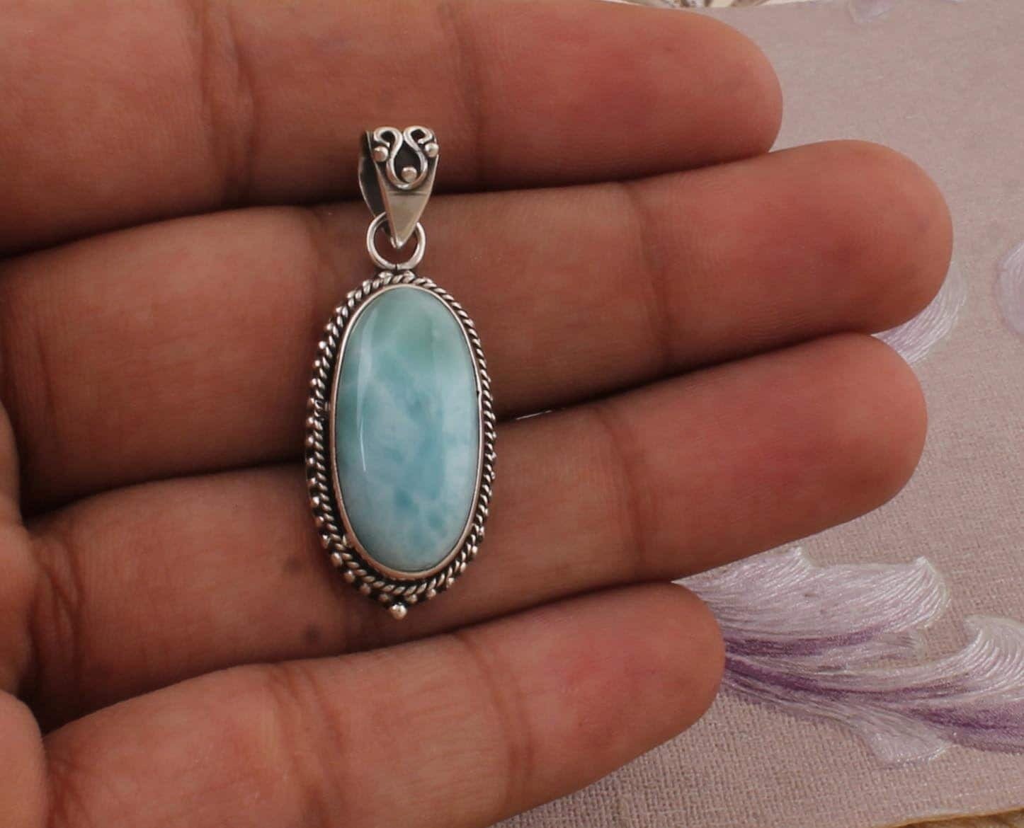 Amazing Larimar AAA+Quality Gemstone Pendant Cabochon Oval Pendant 925-Sterling Silver Pendant,Antique Silver PendantCyber2021Birthstone