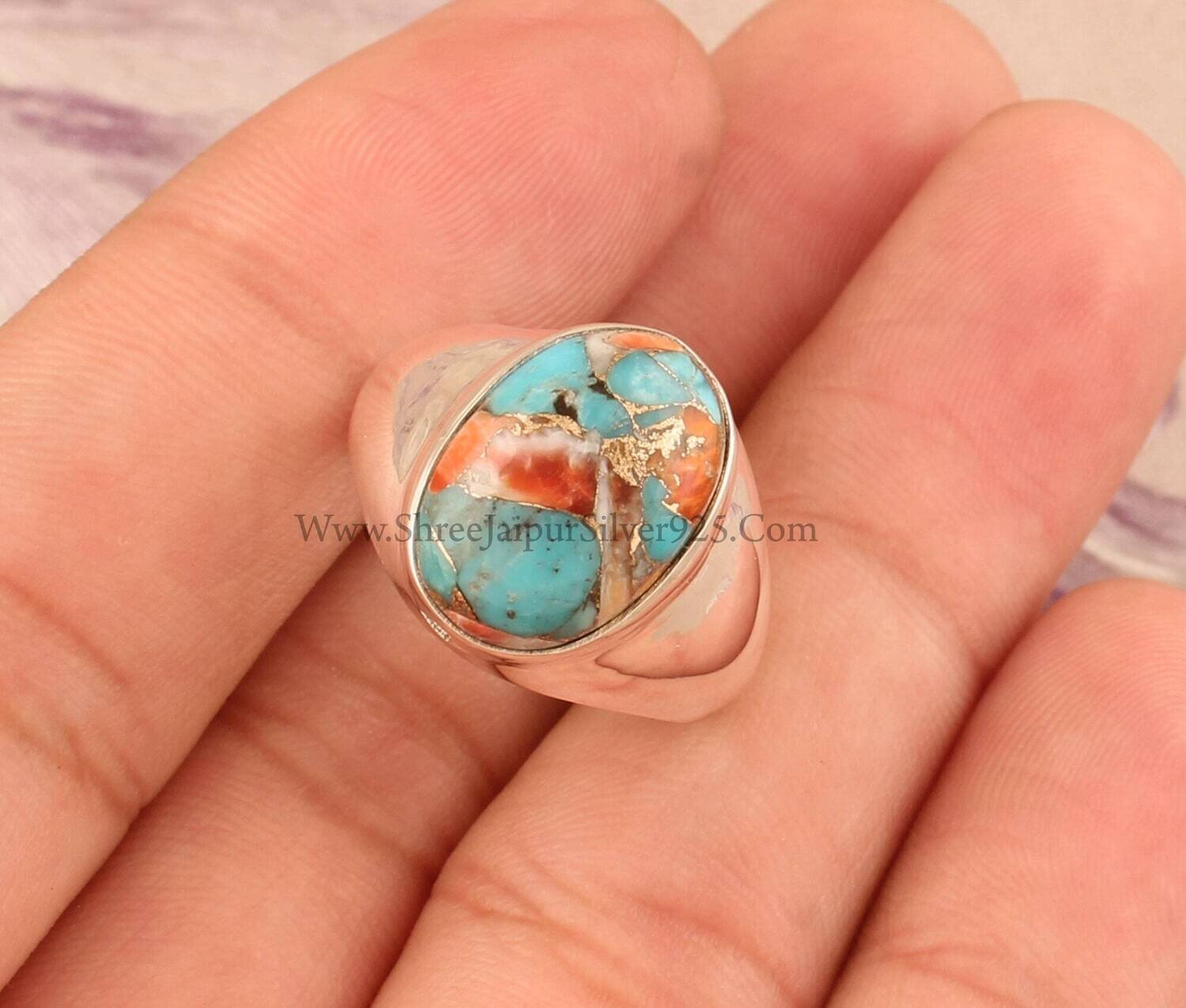 Oyster Copper Turquoise Solid 925 Sterling Silver Ring For Women, Handmade Mix Oyster Oval Stone Ring For Wedding Anniversary Gift For Her