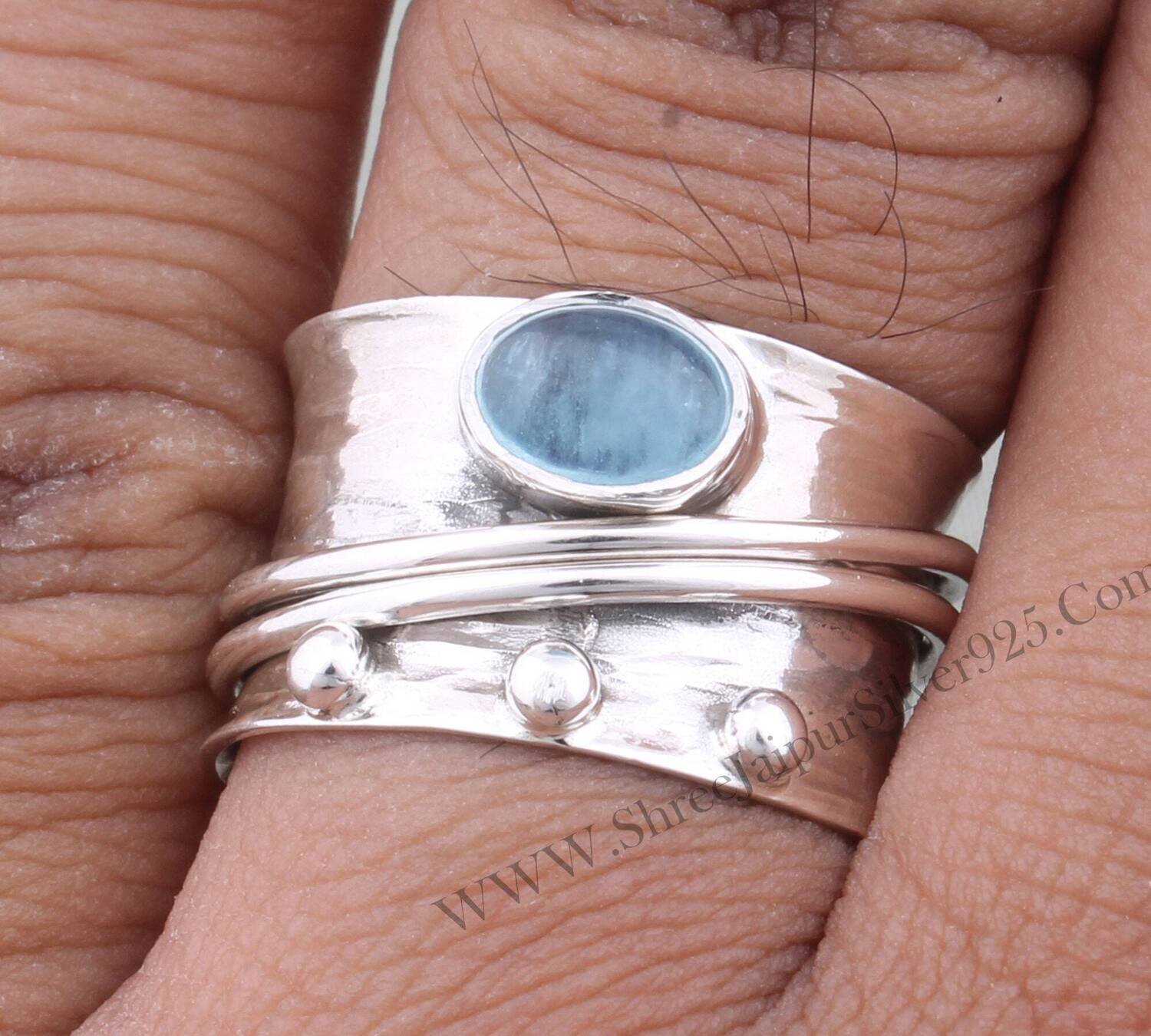 Aquamarine Natural Gemstone Ring,Silver Band Ring,925-Sterling Silver Ring,Spinner Ring,Antique Silver Ring,Thumb Ring