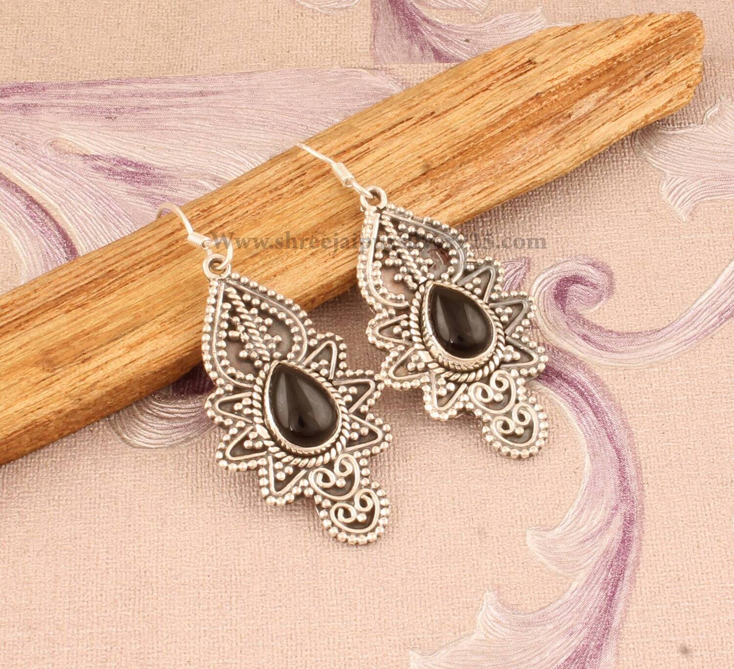 Natural Black Onyx Solid 925 Sterling Silver Earrings For Women, Handmade Engraved Indian Design Earrings For Wedding Anniversary Gift Idea