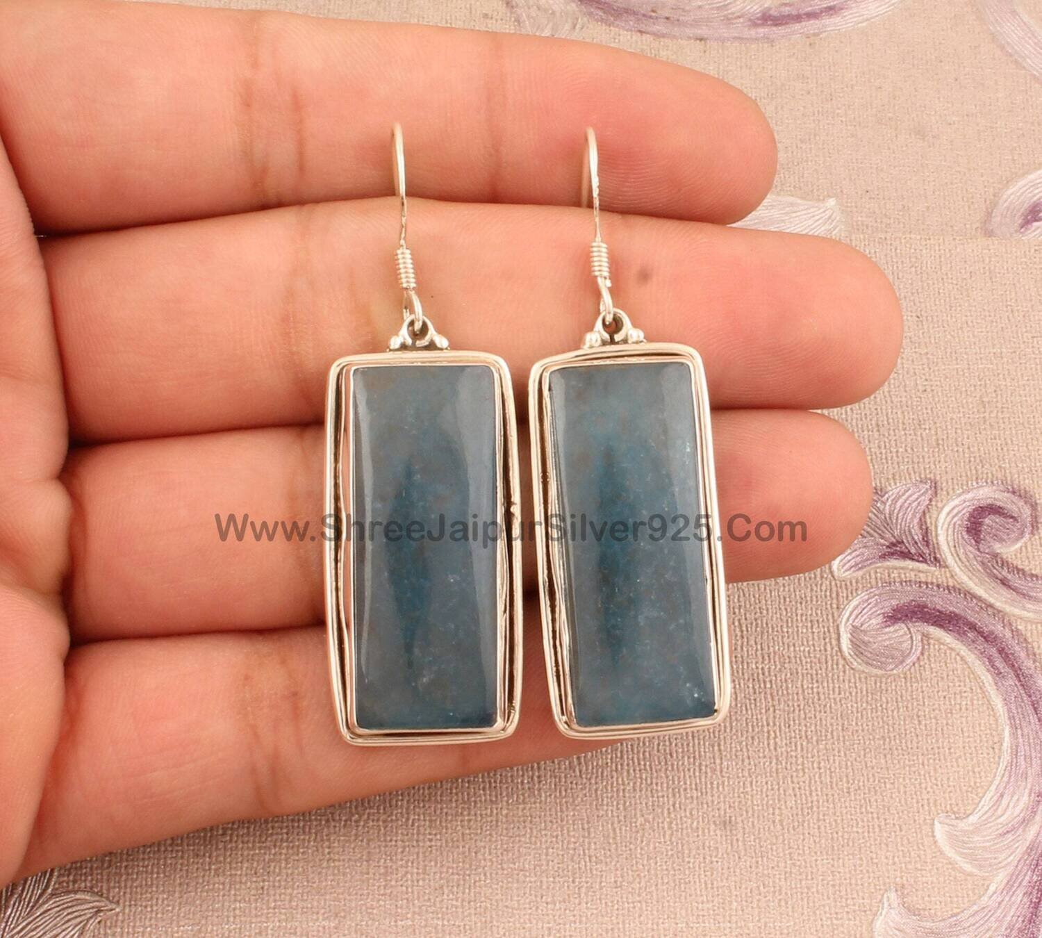 Blue Jade Rectangle Shape Stone Solid 925 Sterling Silver Earrings For Women, Handmade Silver Earrings For Wedding Anniversary Gift Idea