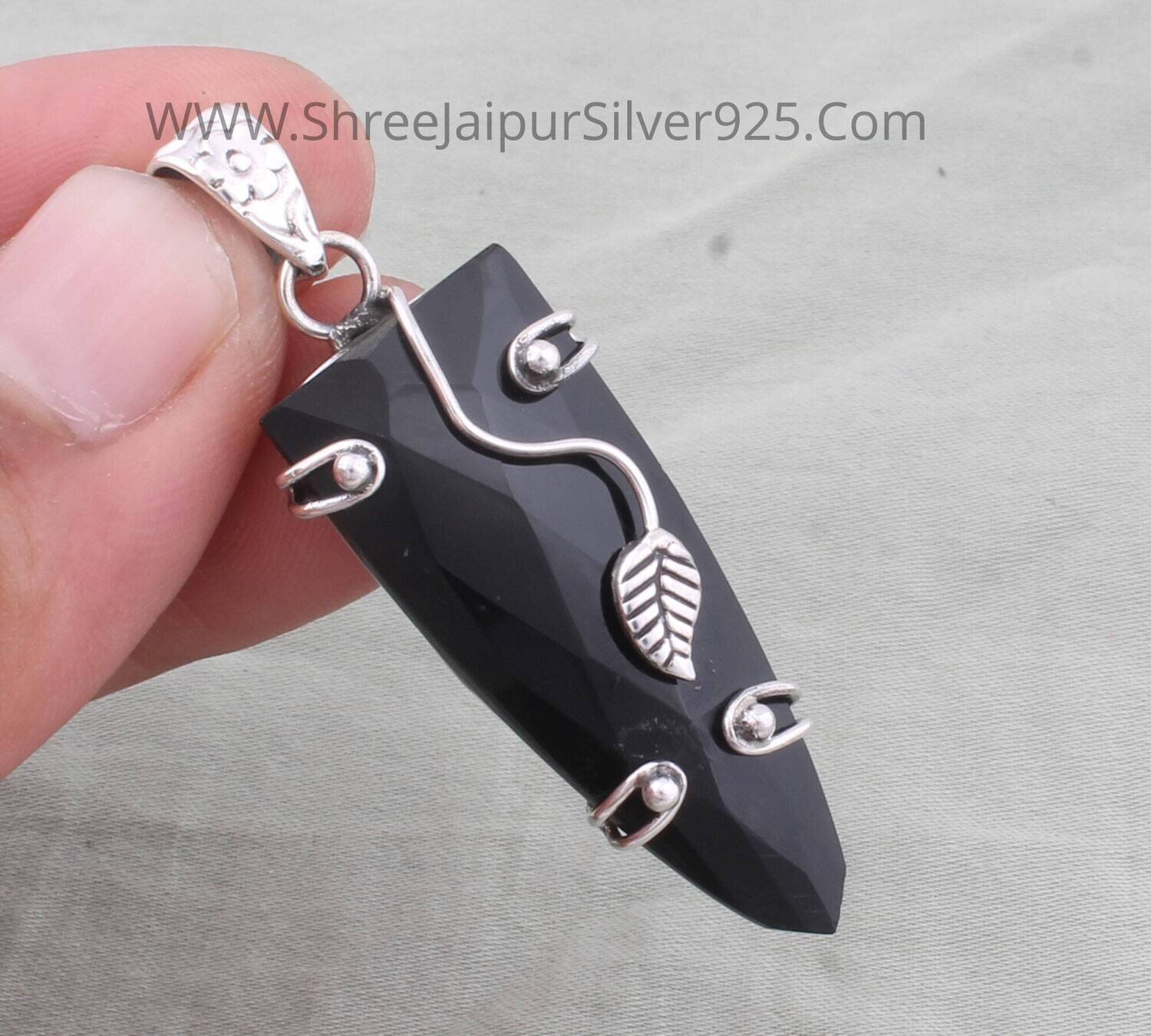 Natural Black Onyx Dagger Gemstone Necklace Pendant For Women, Solid 925 Sterling Leaves Silver Pendant Bridal Wedding Jewelry Gift For Her