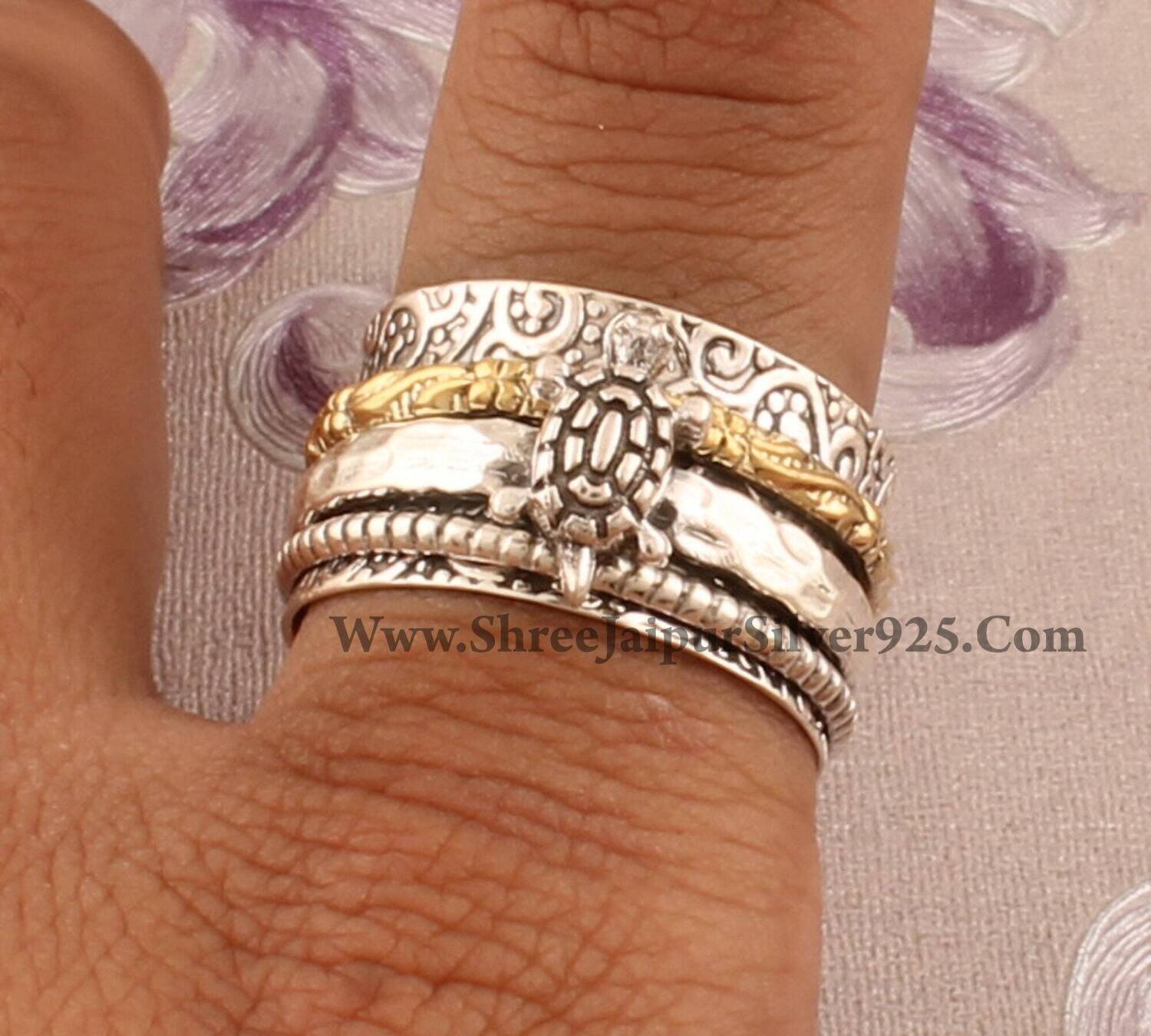 Turtle Solid Silver Carved Band Spinner Ring For Women, 925 Sterling Silver Rings Ring, Handmade Two Tone Anxiety Ring For Her, Ring For Mom