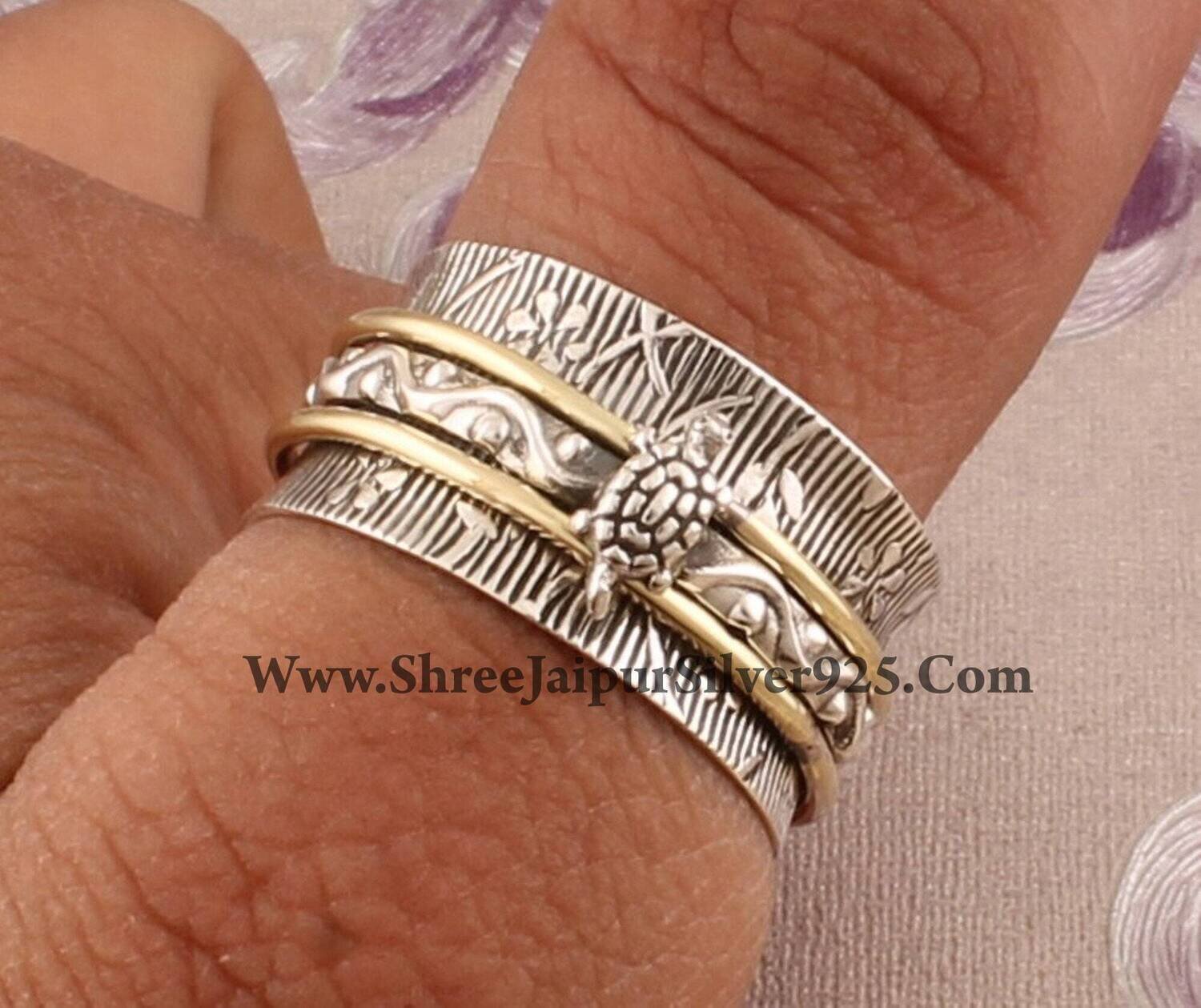 Turtle Textured Spinner Ring 925 Sterling Silver & Brass , Handmade Two Tone Carved Leaves Flower Spinner Ring, Valentine's Day Gift Jewelry