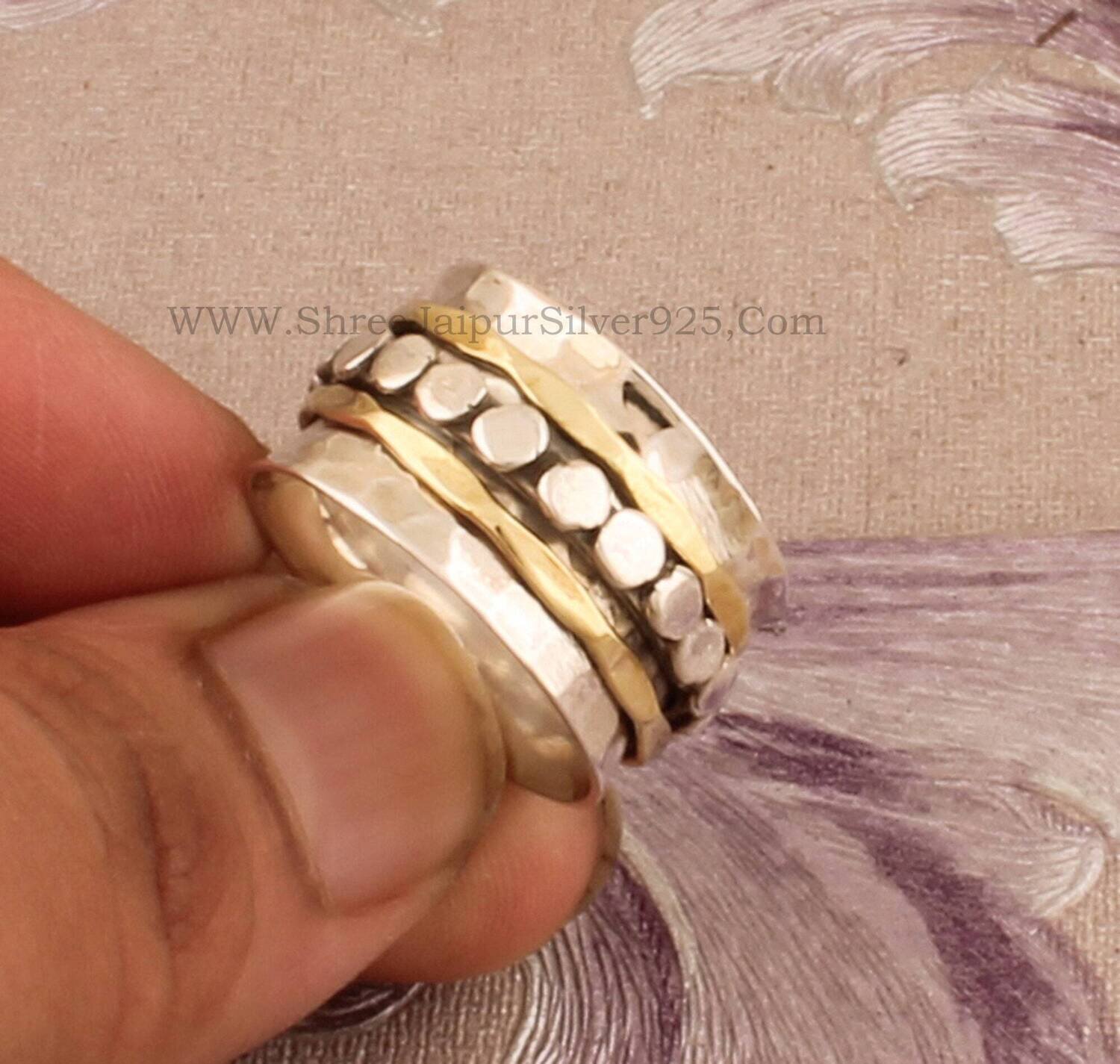 Hammered 925 Sterling Silver Designer Band Spinner Ring For Women, Handmade Two Tone Meditation Ring For Her, Silver Anxiety Bridesmaid Ring