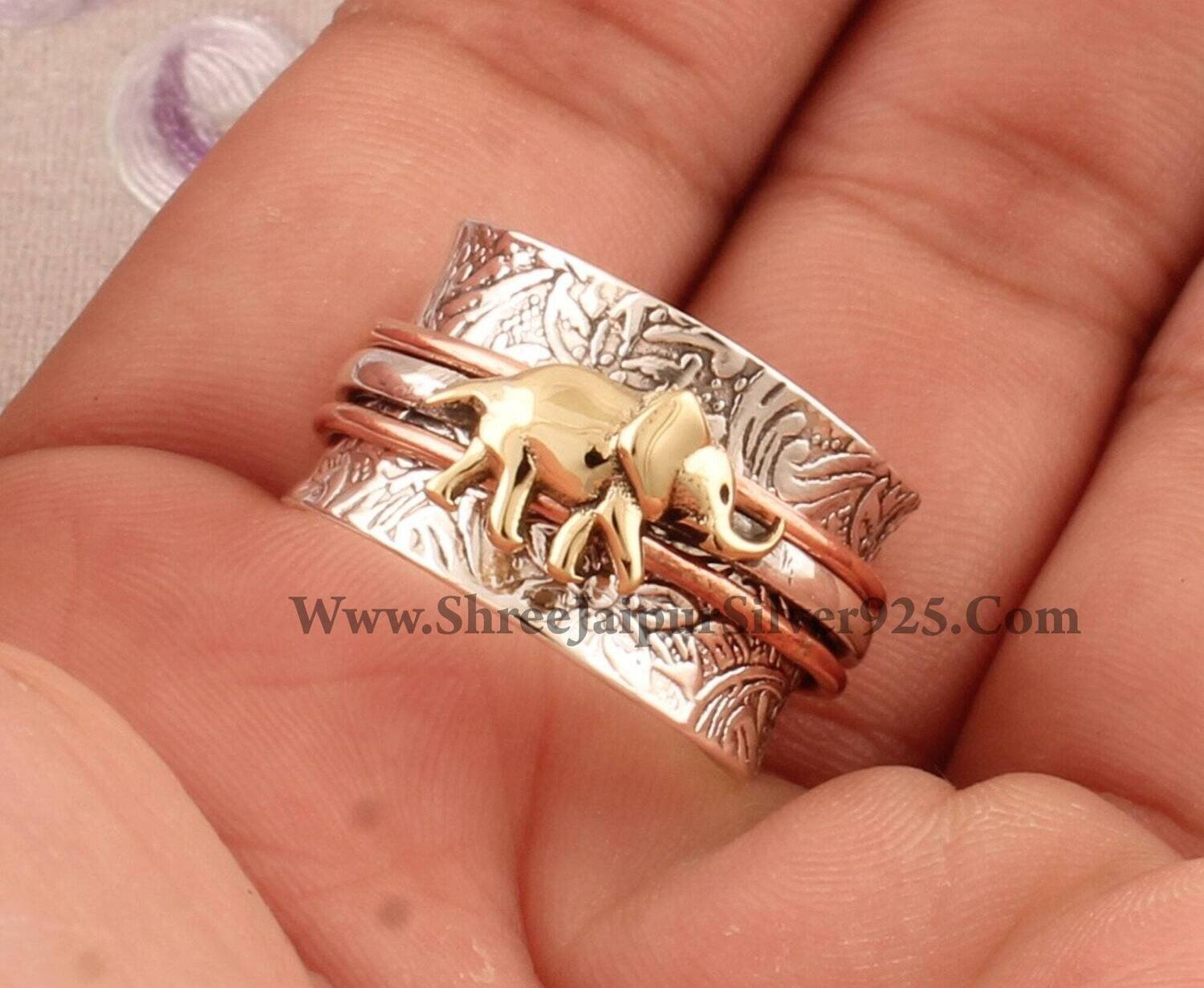 Elephant Three Tone Spinner Ring, 925 Sterling Silver &amp; Brass Designer Handmade Boho Meditation Ring, Silver Worry Anxiety Ring Wide Band
