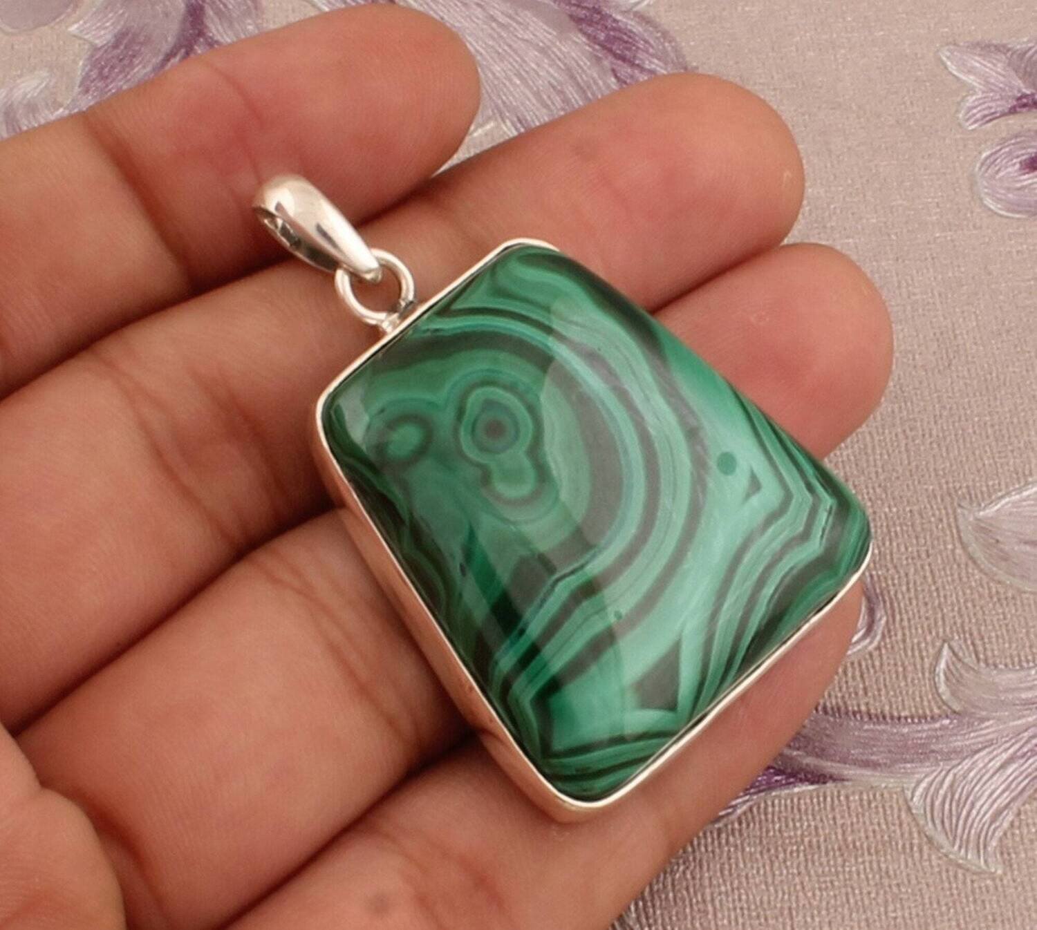 Malachite Pendant, 925 Sterling Silver Pendant, Malachite Trapezoid Pendant, Natural Gemstone Pendant, Handcrafted Pendant, Christmas Gift