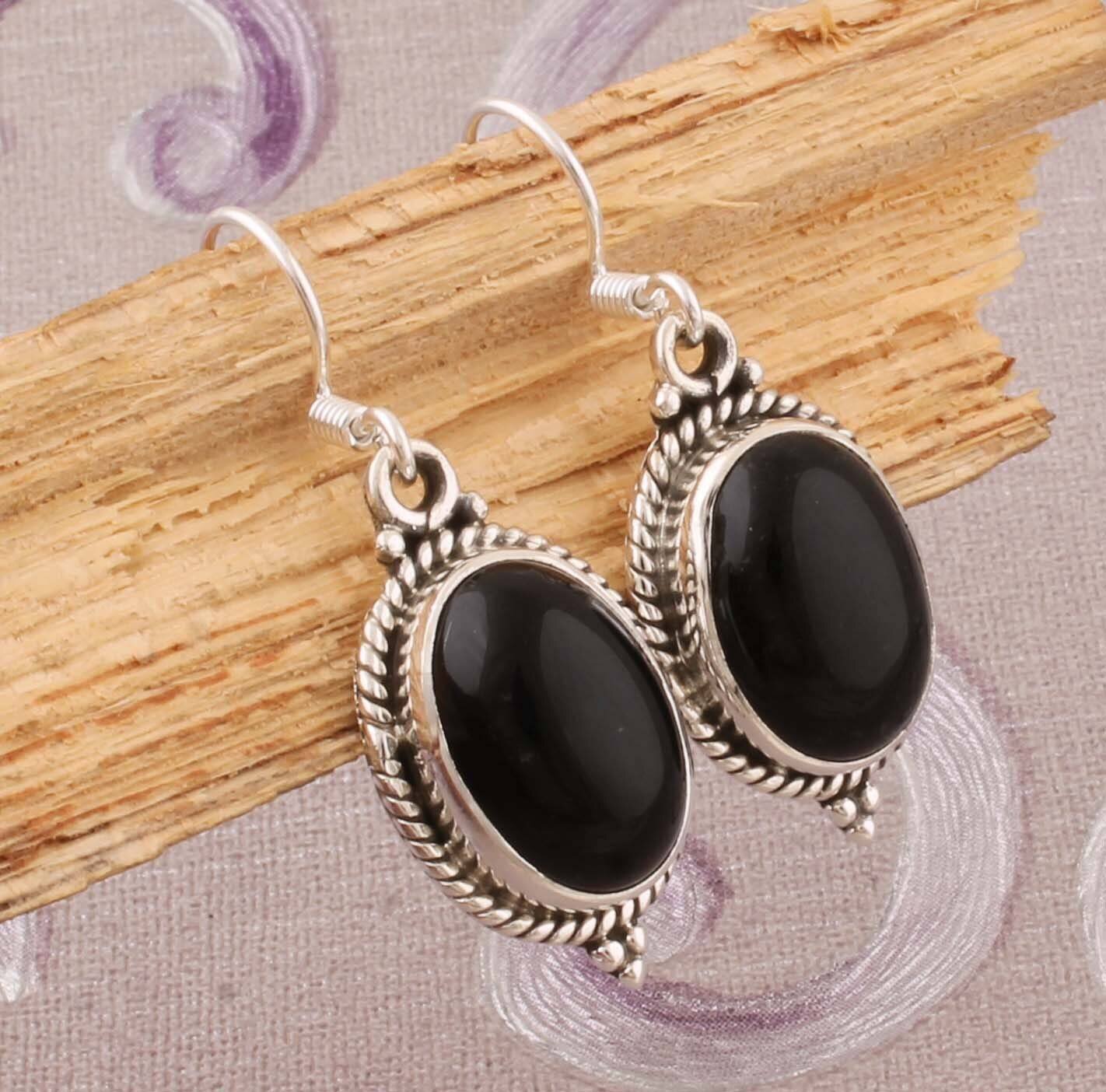Natural Black Onyx Top Quality Gemstone Earring,925-Sterling Silver Earring,Wedding Earring,Antique Silver Earring,Anniversary Gift Earring